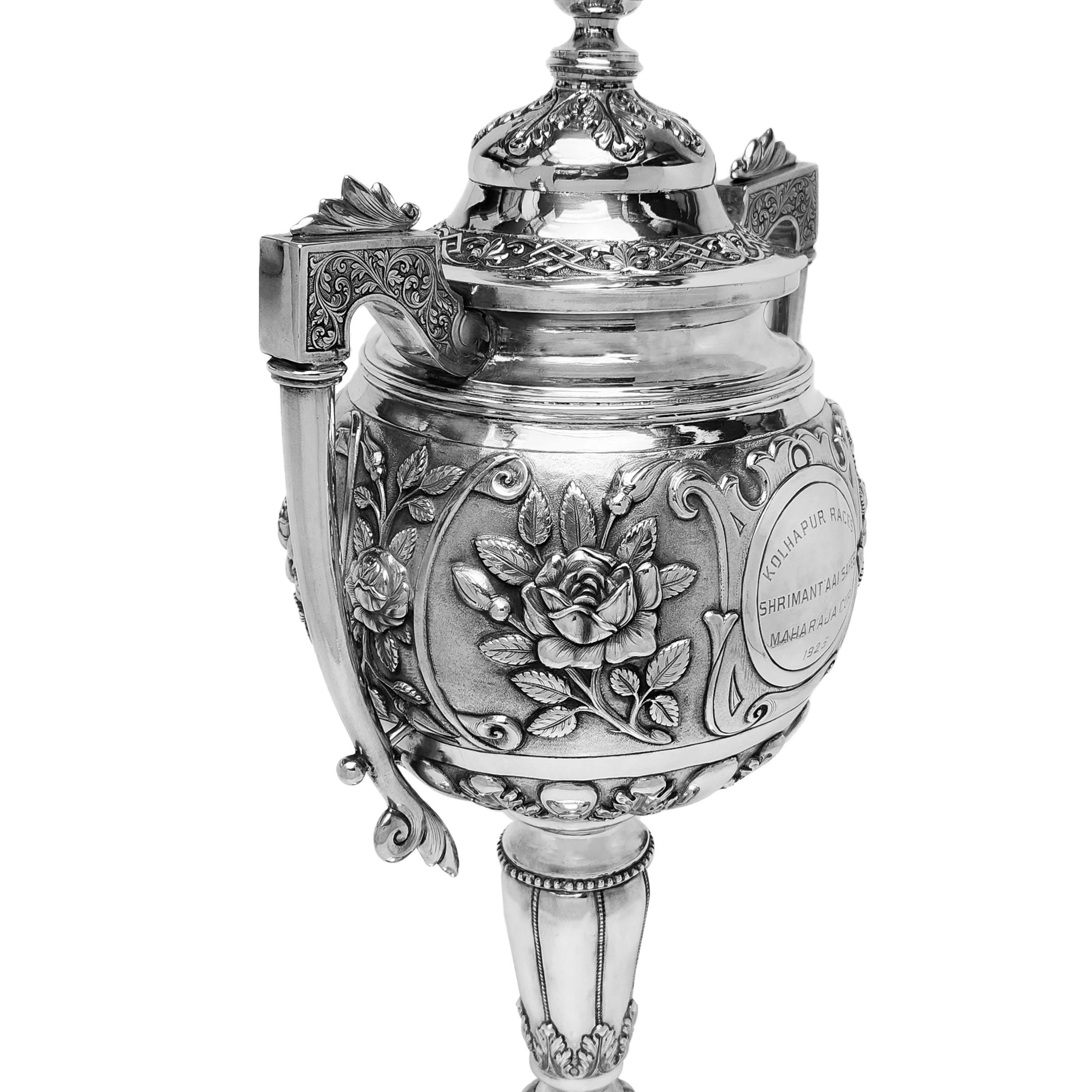 20th Century Antique Indian Silver Two Handled Cup & Cover c. 1925 Kolhapur Races For Sale