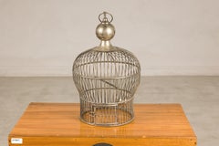 Cage à oiseaux indienne ancienne en laiton argenté, de forme bombée en ballon, surmontée d'un pommeau en anneau