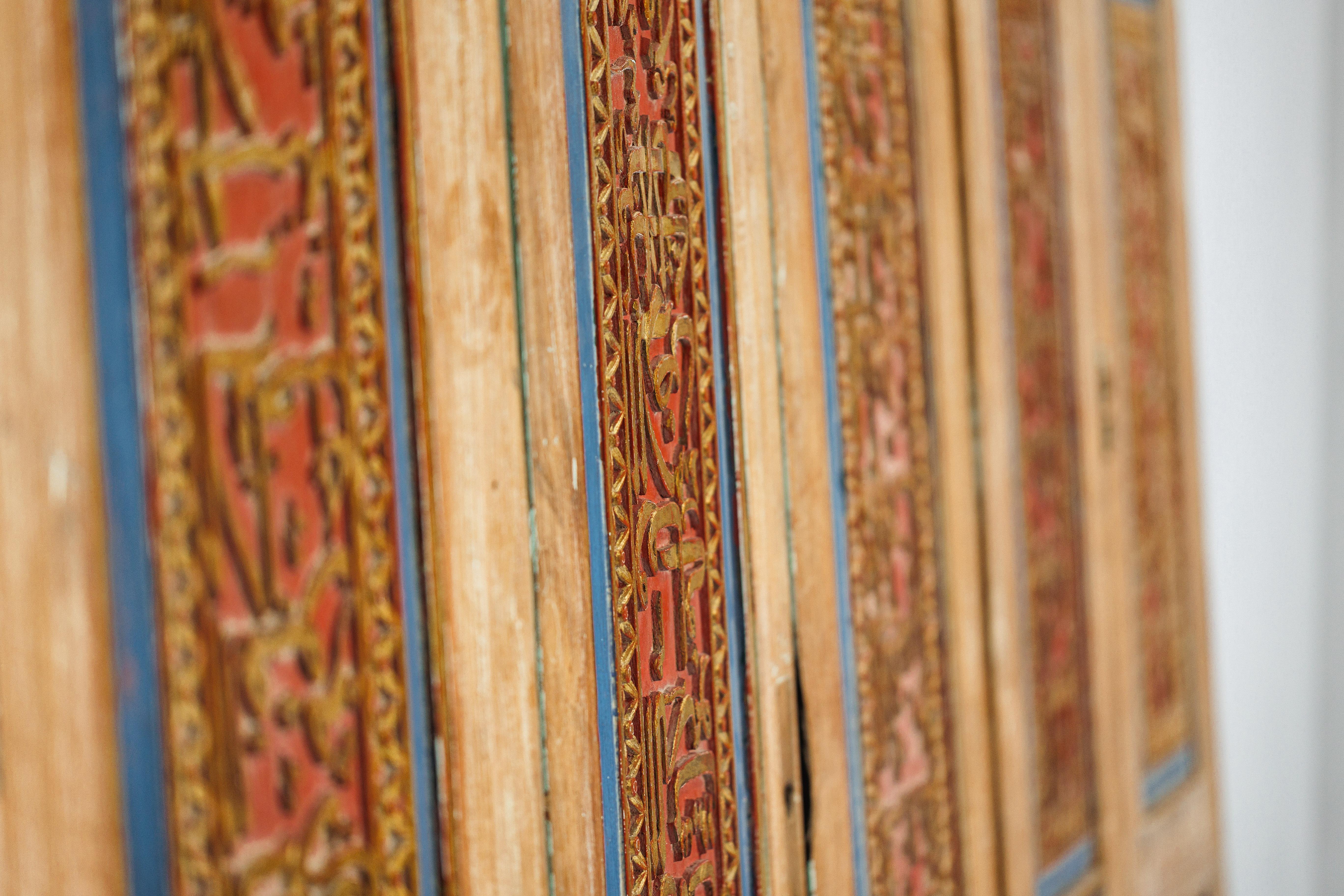 Antique Indian Six-Panel Carved Wooden Screen with Calligraphic Inscriptions For Sale 14