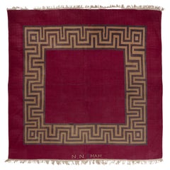 Antique Indian Square Cotton Dhurrie with Geometric Border, Circa 1900