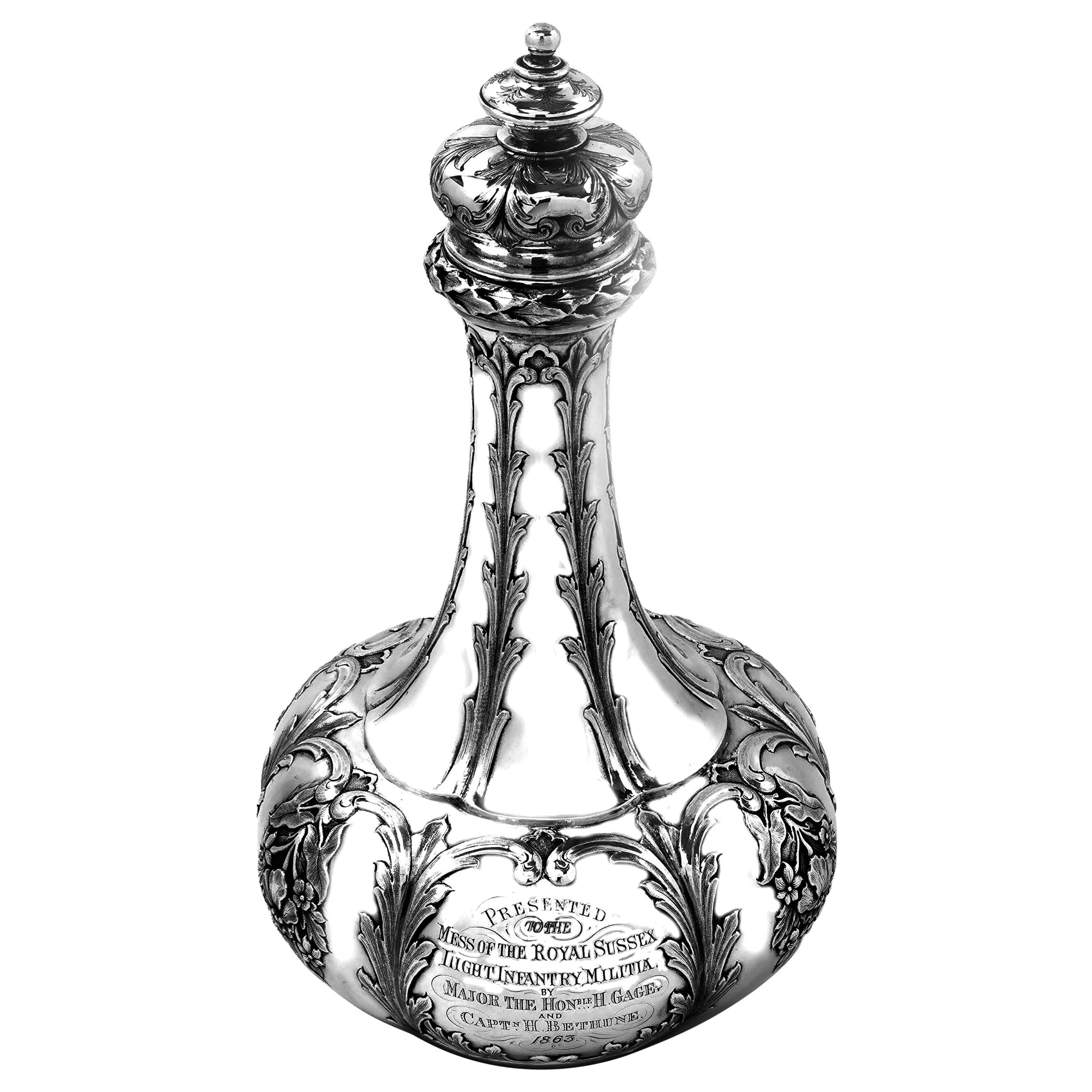 Antique Indian Sterling Silver Decanter circa 1863 Military Presentation