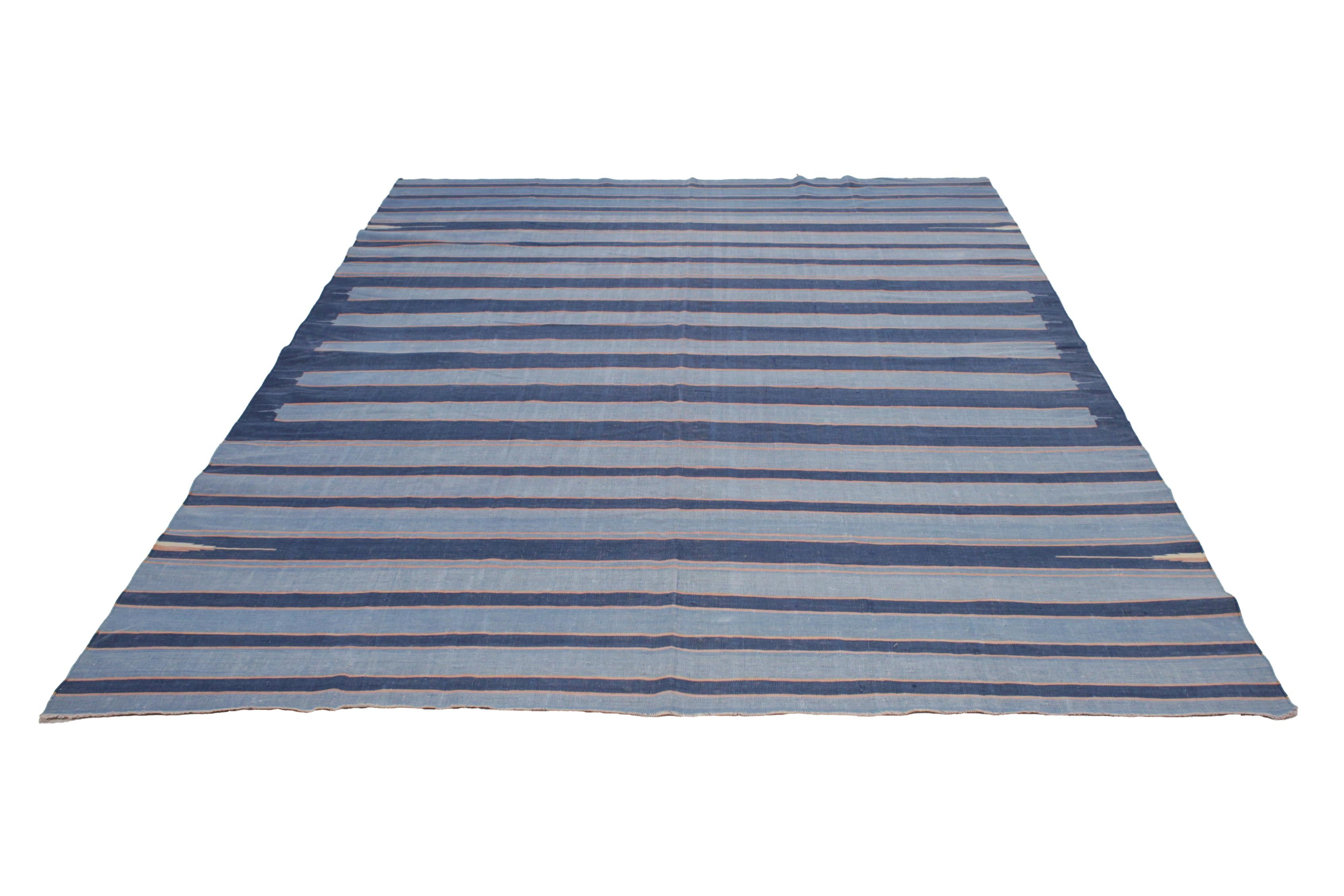 Agra Antique Indian Striped Cotton Dhurrie in Shades of Blue For Sale