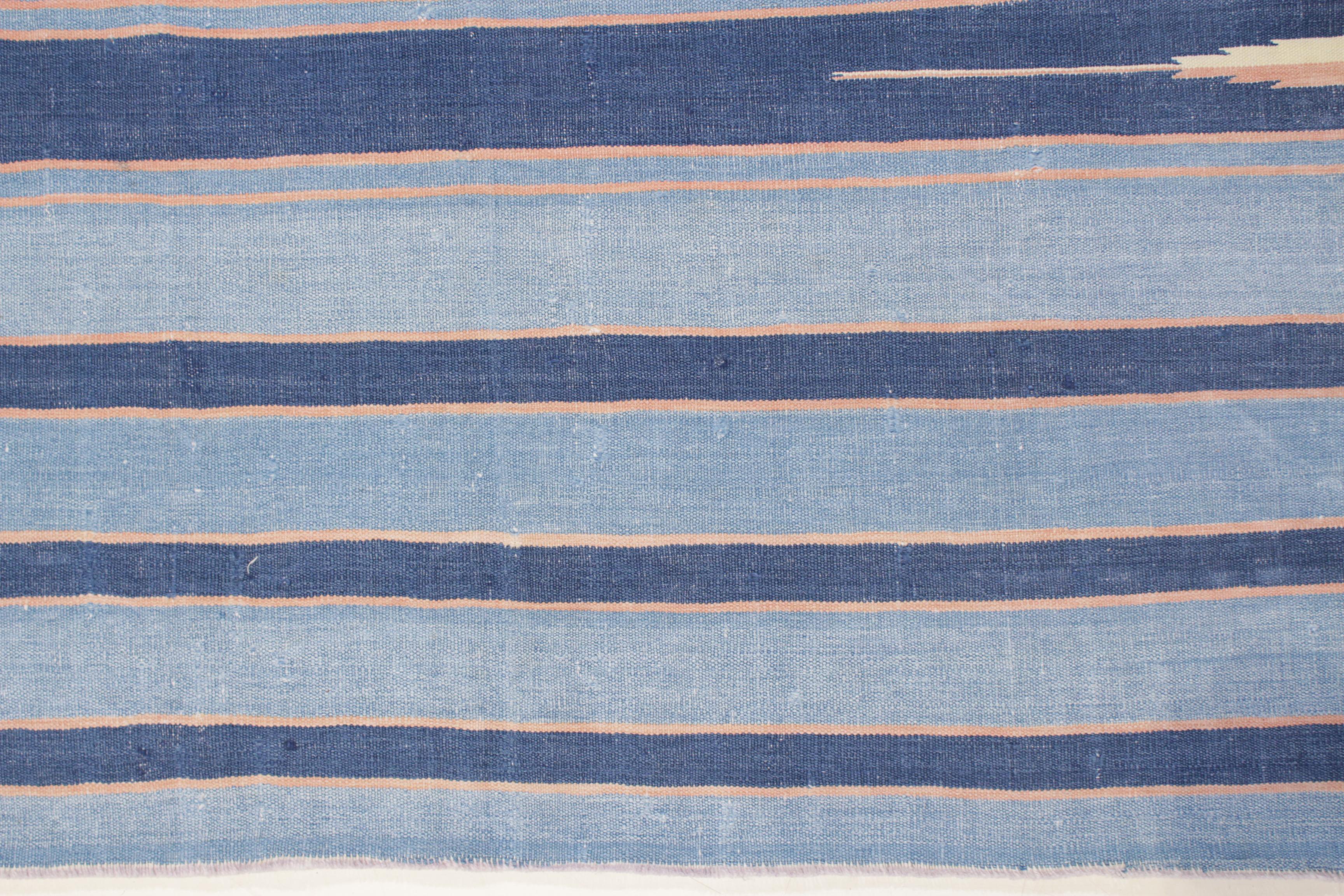 Hand-Woven Antique Indian Striped Cotton Dhurrie in Shades of Blue For Sale