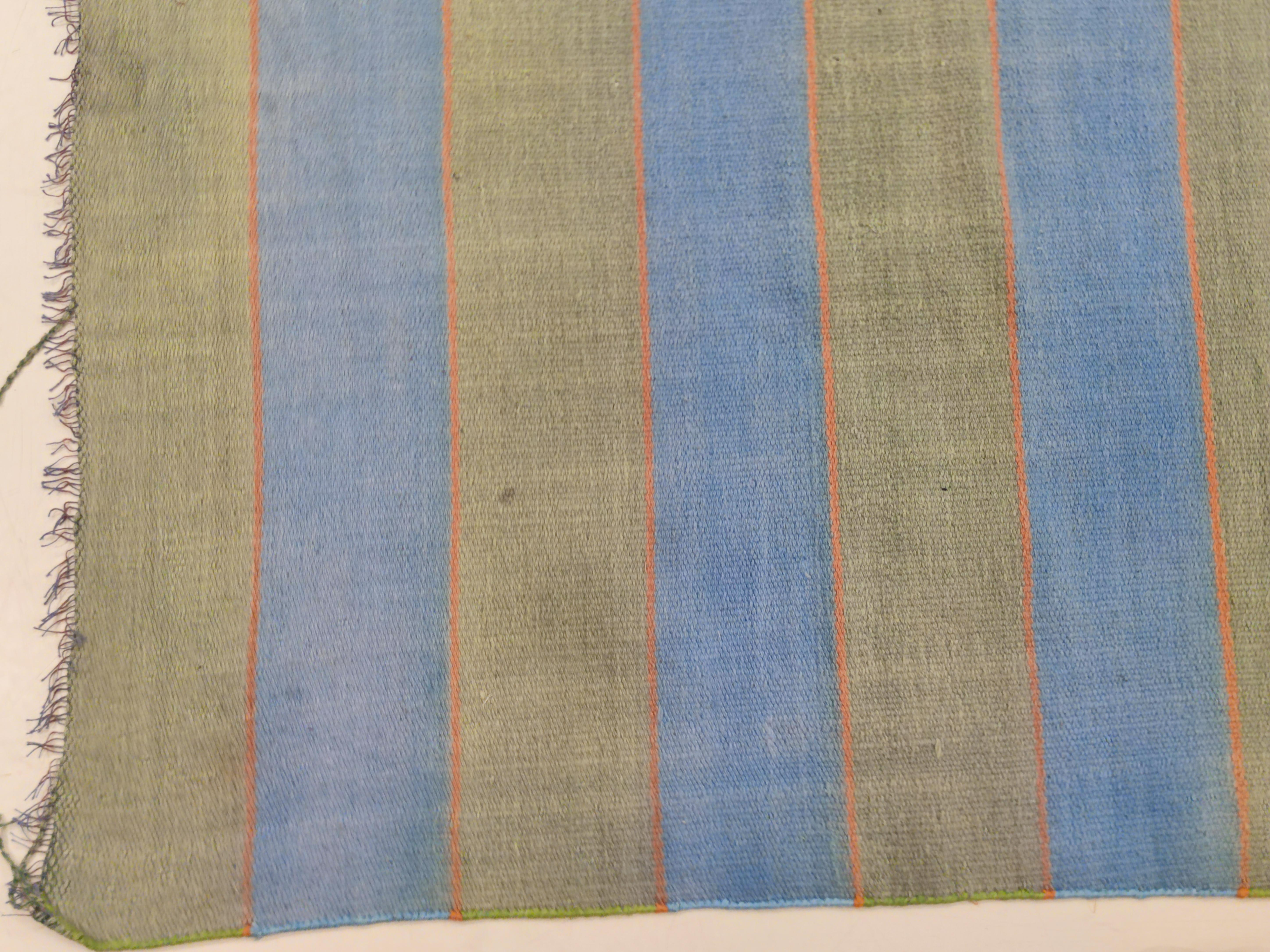 Agra Antique Indian Striped Cotton Dhurrie in Teal Green and Light Blue For Sale