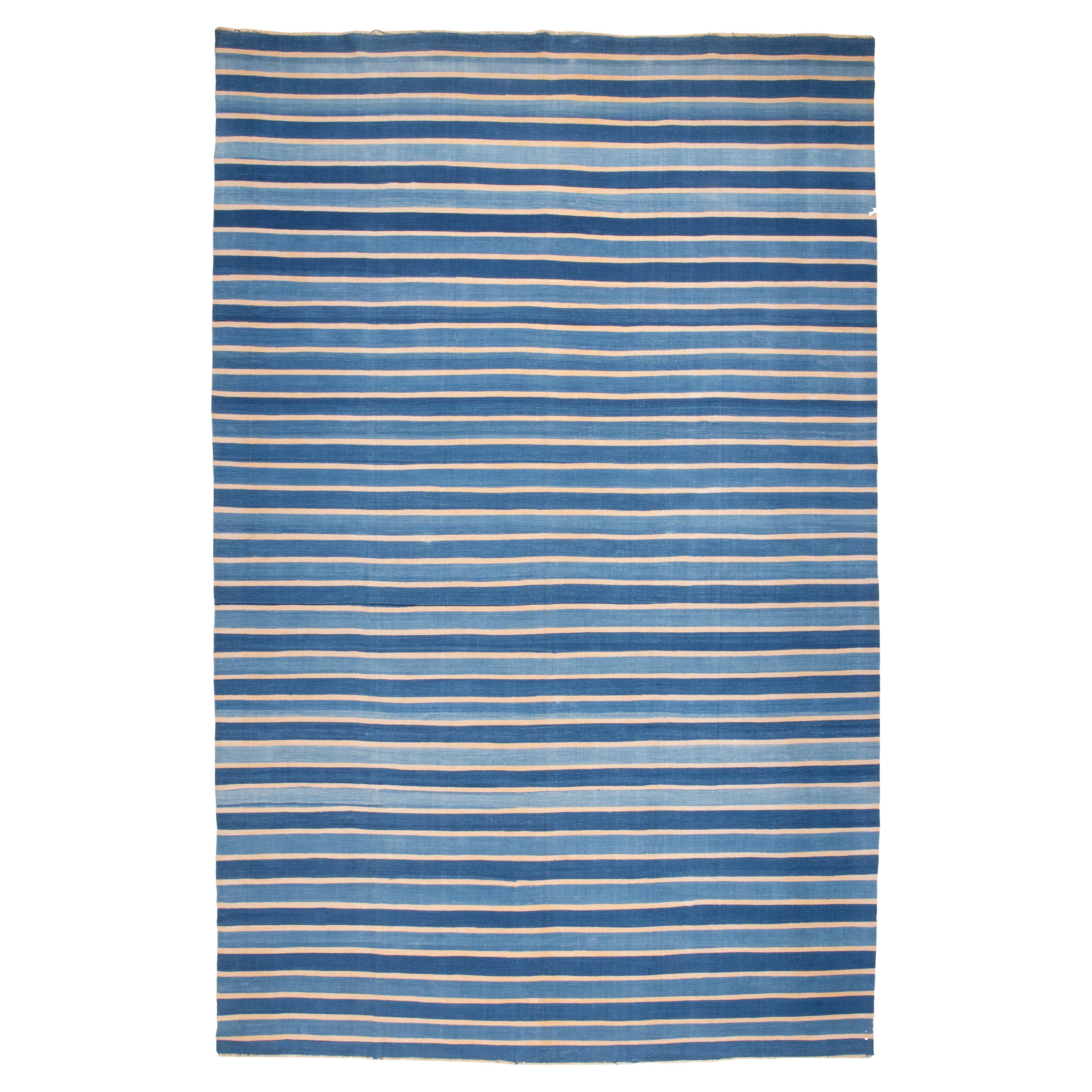 Ancien Dhurrie indien en coton rayé en deux tons de bleu indigo