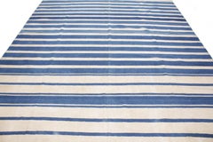 Antique Indian Striped Cotton Dhurrie in White and Blue