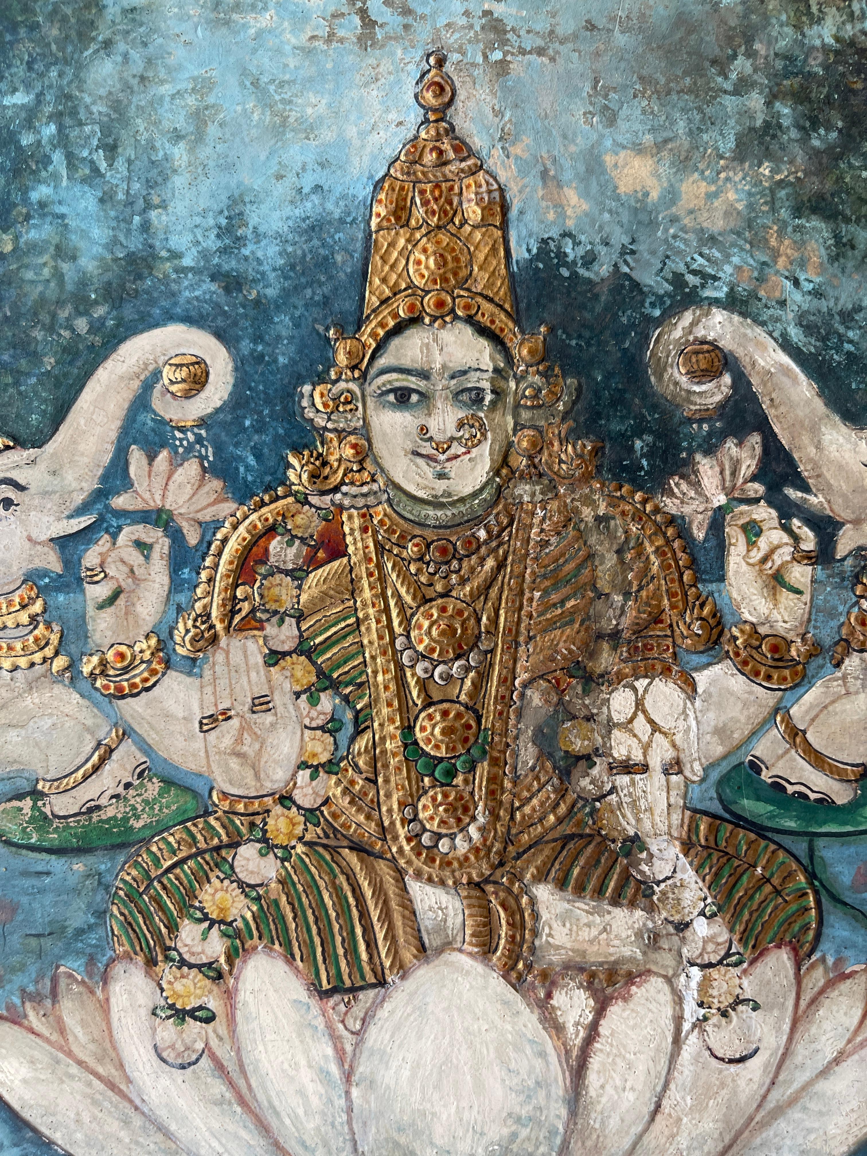 Antique Indian Tanjore Goddess  Laxmi Painting For Sale 8