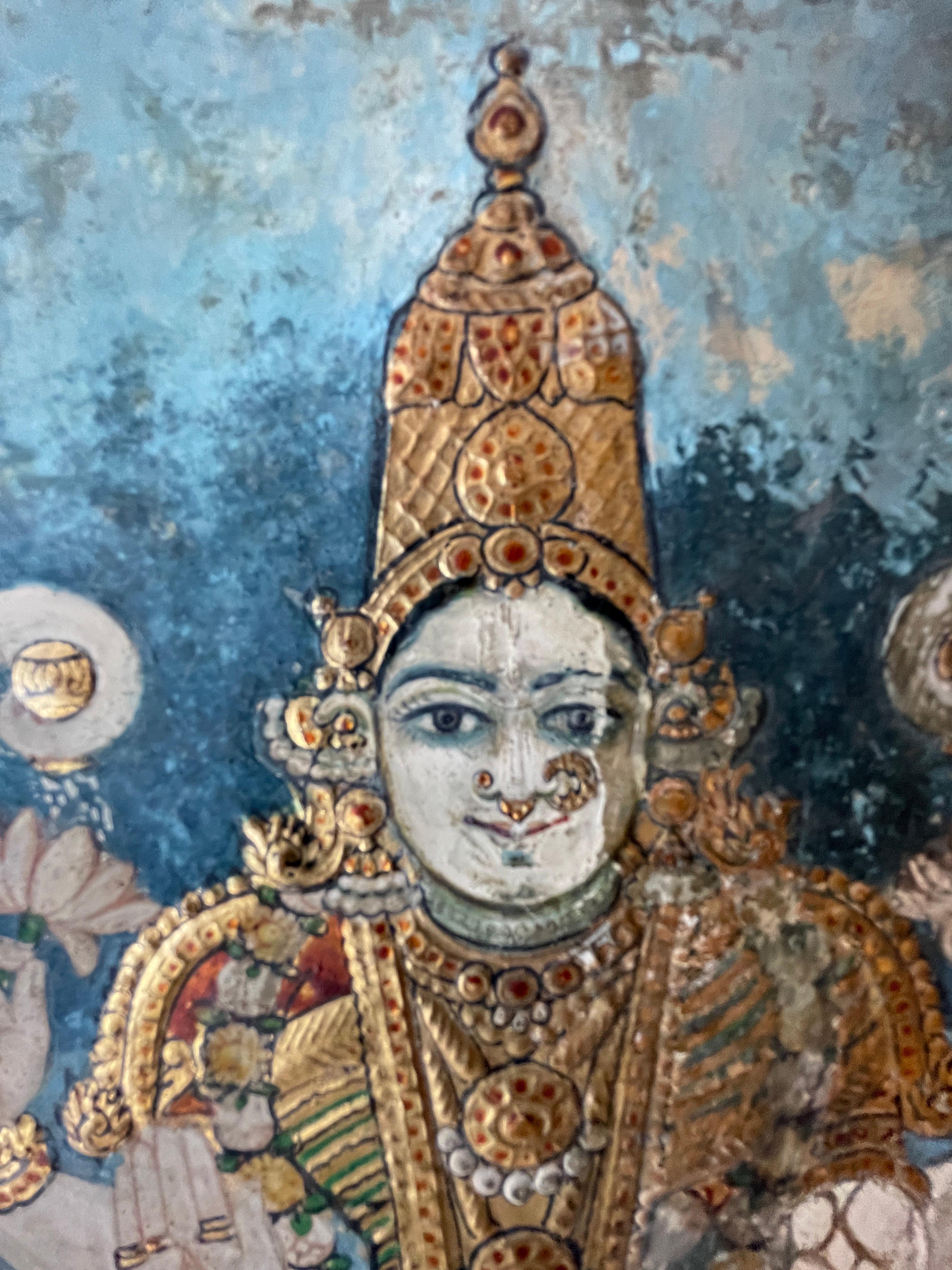 Folk Art Antique Indian Tanjore Goddess  Laxmi Painting For Sale
