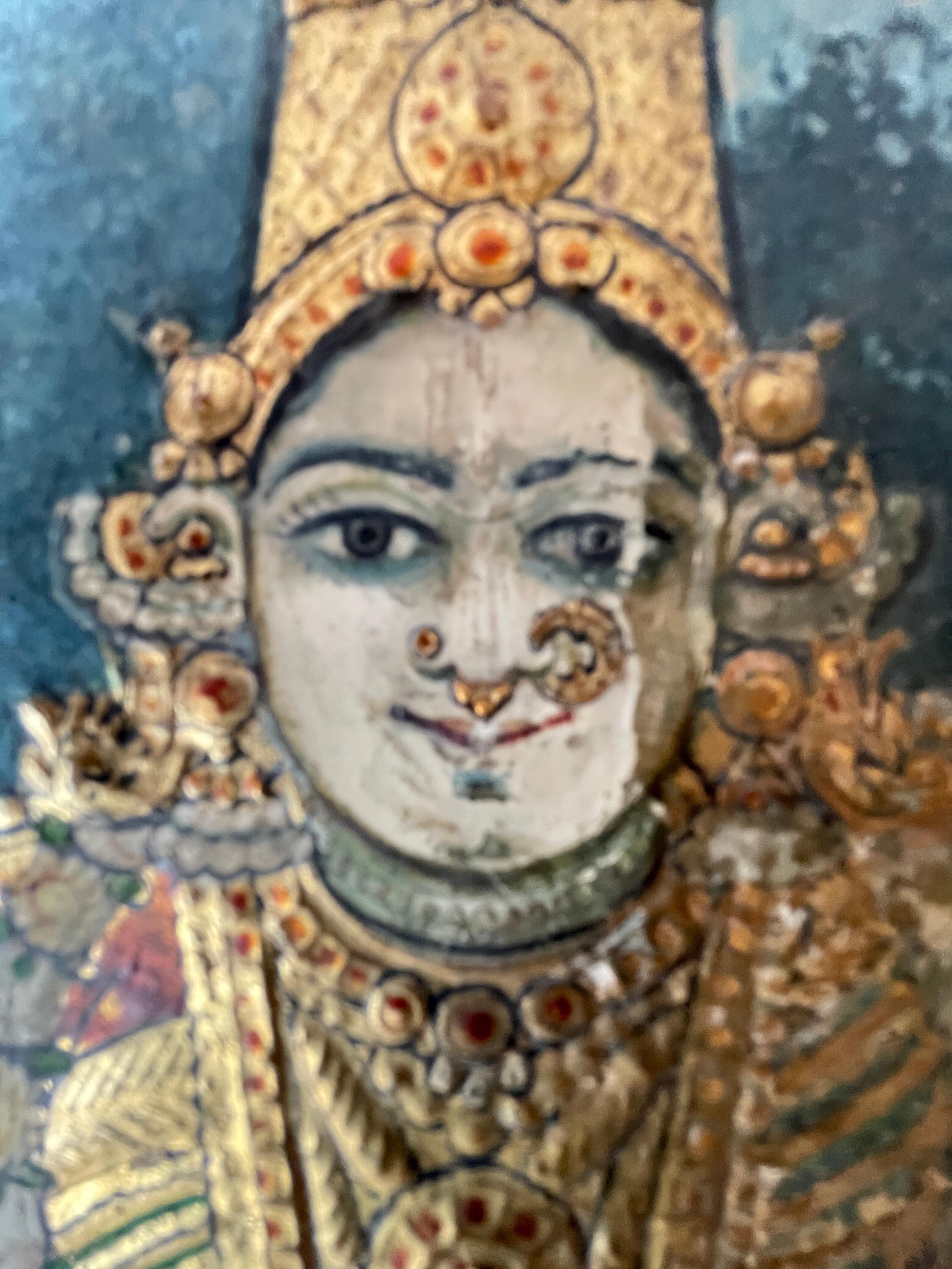 Hand-Painted Antique Indian Tanjore Goddess  Laxmi Painting For Sale