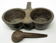 Antique Indian Teak wood Large Container with Rustic Carving and Spoon