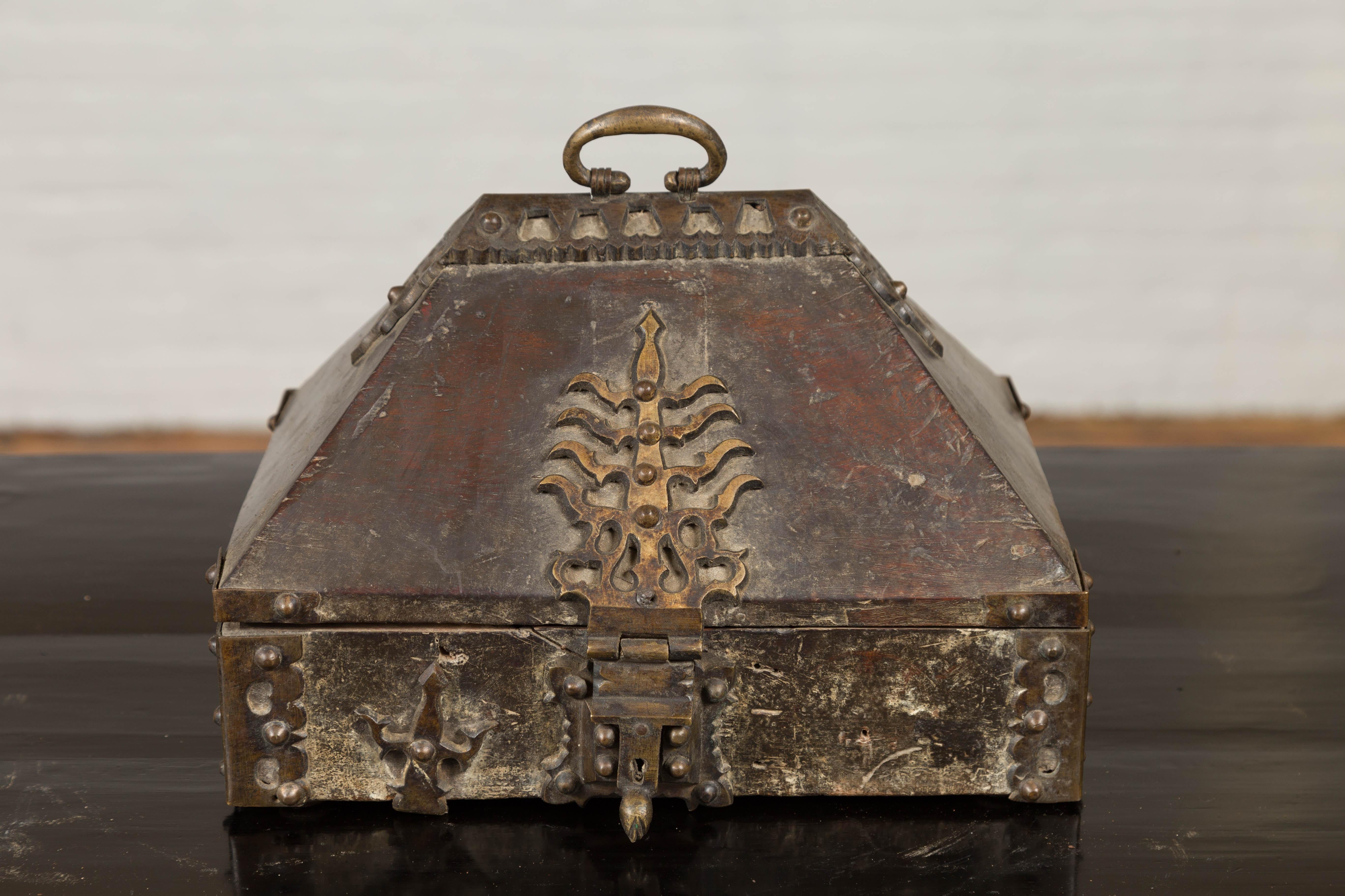 Antique Indian Treasure Box Used as Merchant's Chest with Flaming Iron Decor In Good Condition In Yonkers, NY