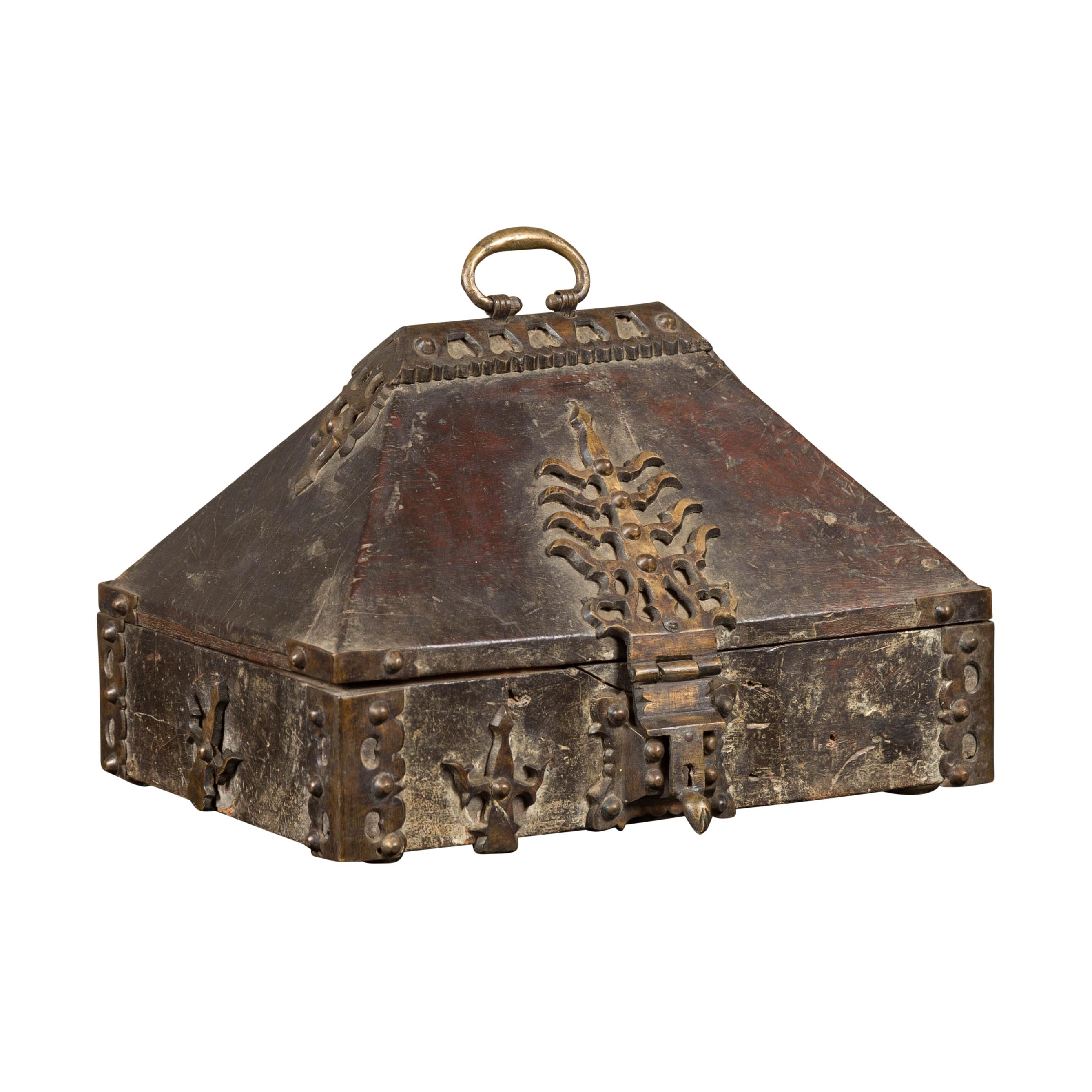 Antique Indian Treasure Box Used as Merchant's Chest with Flaming Iron Decor
