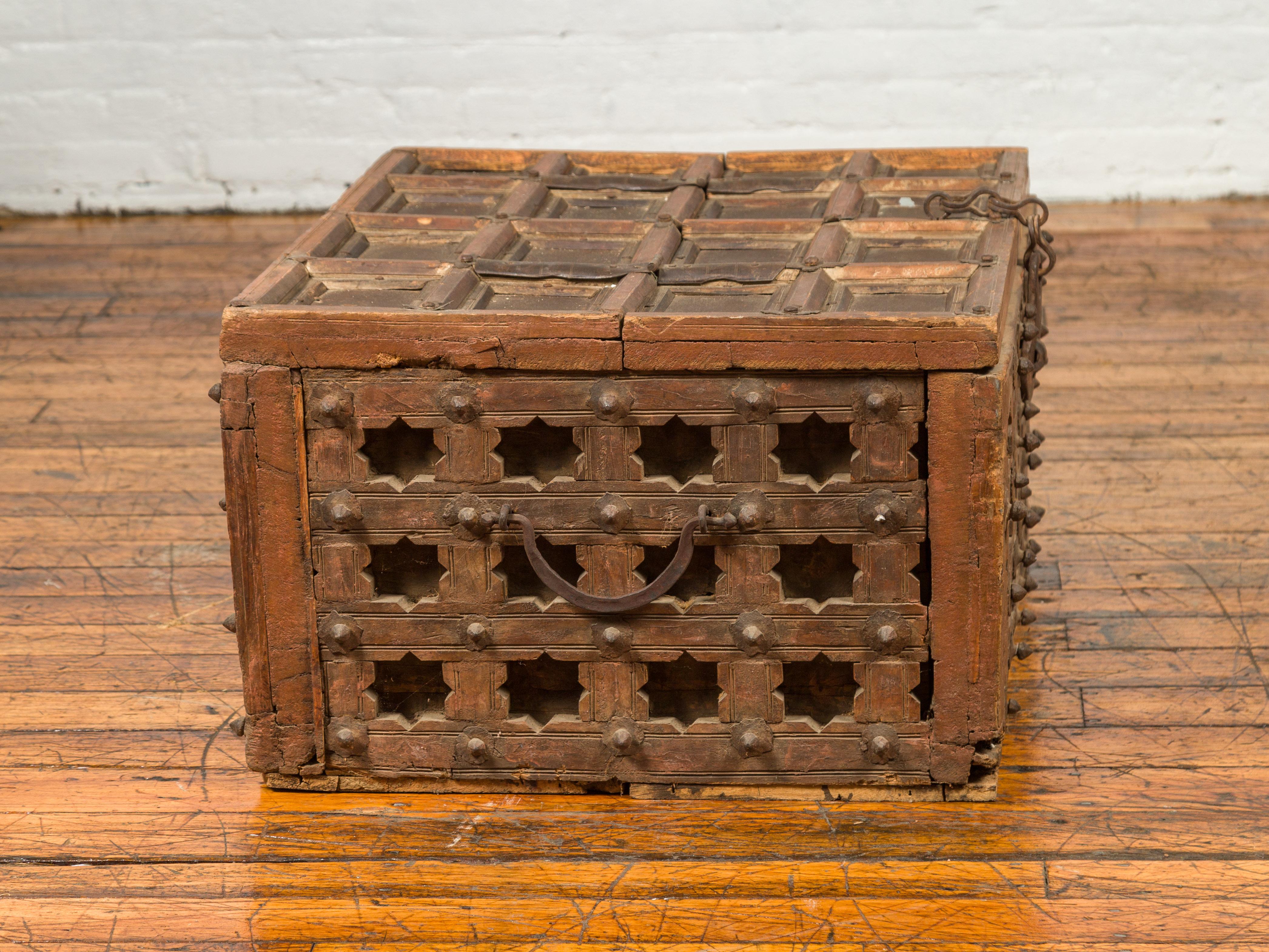 Antique Indian Treasure Chest with Paneled Top, Pierced Stars and Iron Hardware 2