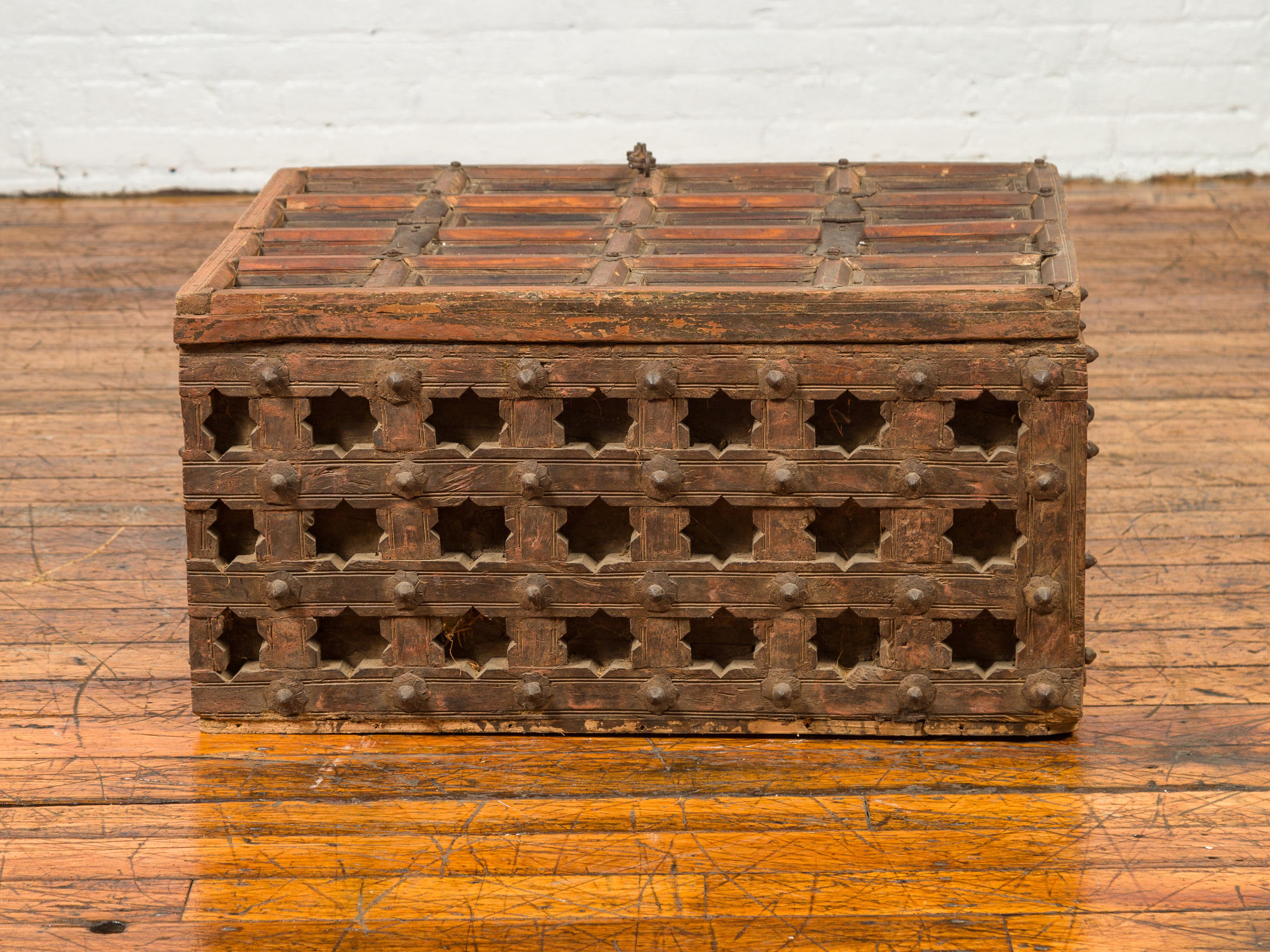 Antique Indian Treasure Chest with Paneled Top, Pierced Stars and Iron Hardware 4