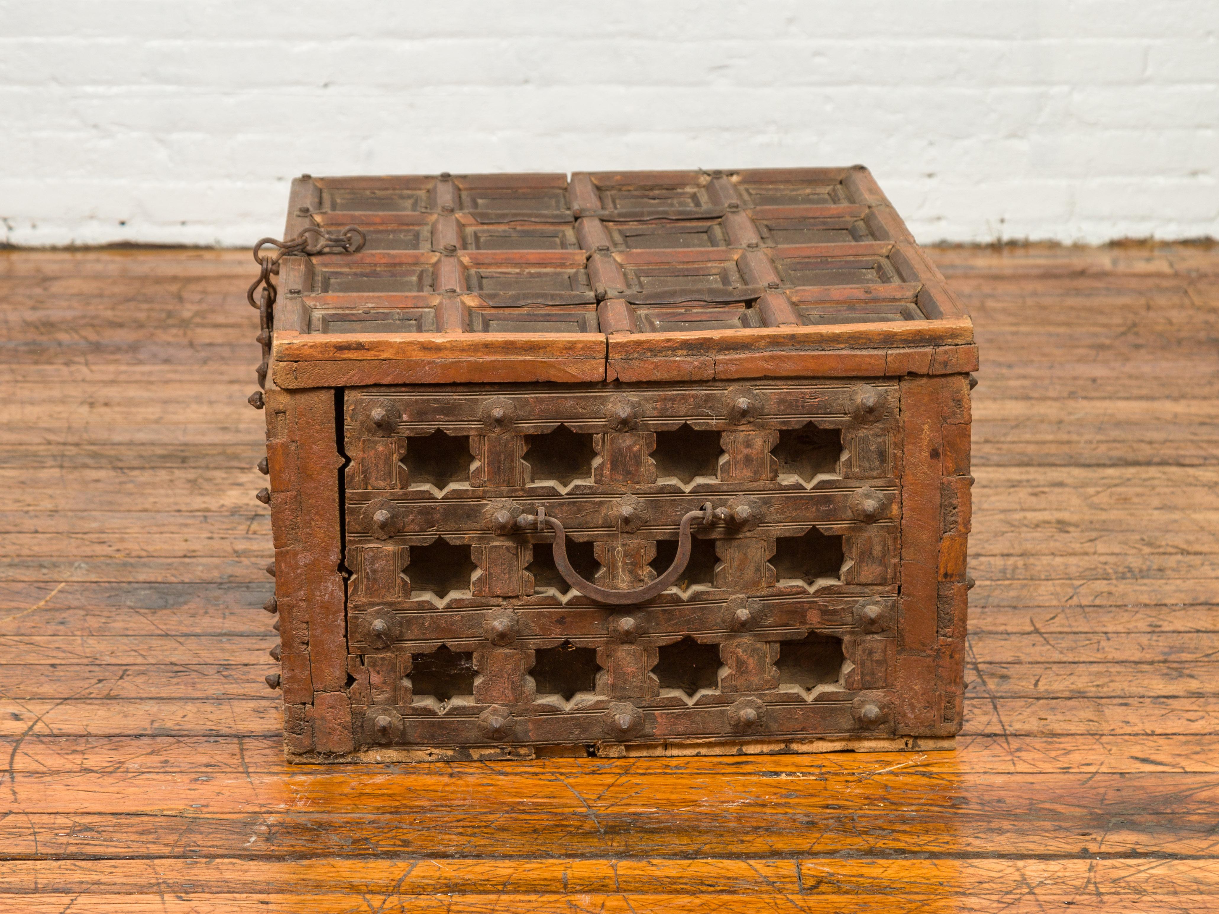 Antique Indian Treasure Chest with Paneled Top, Pierced Stars and Iron Hardware 5