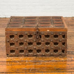Antique Indian Treasure Chest with Paneled Top, Pierced Stars and Iron Hardware
