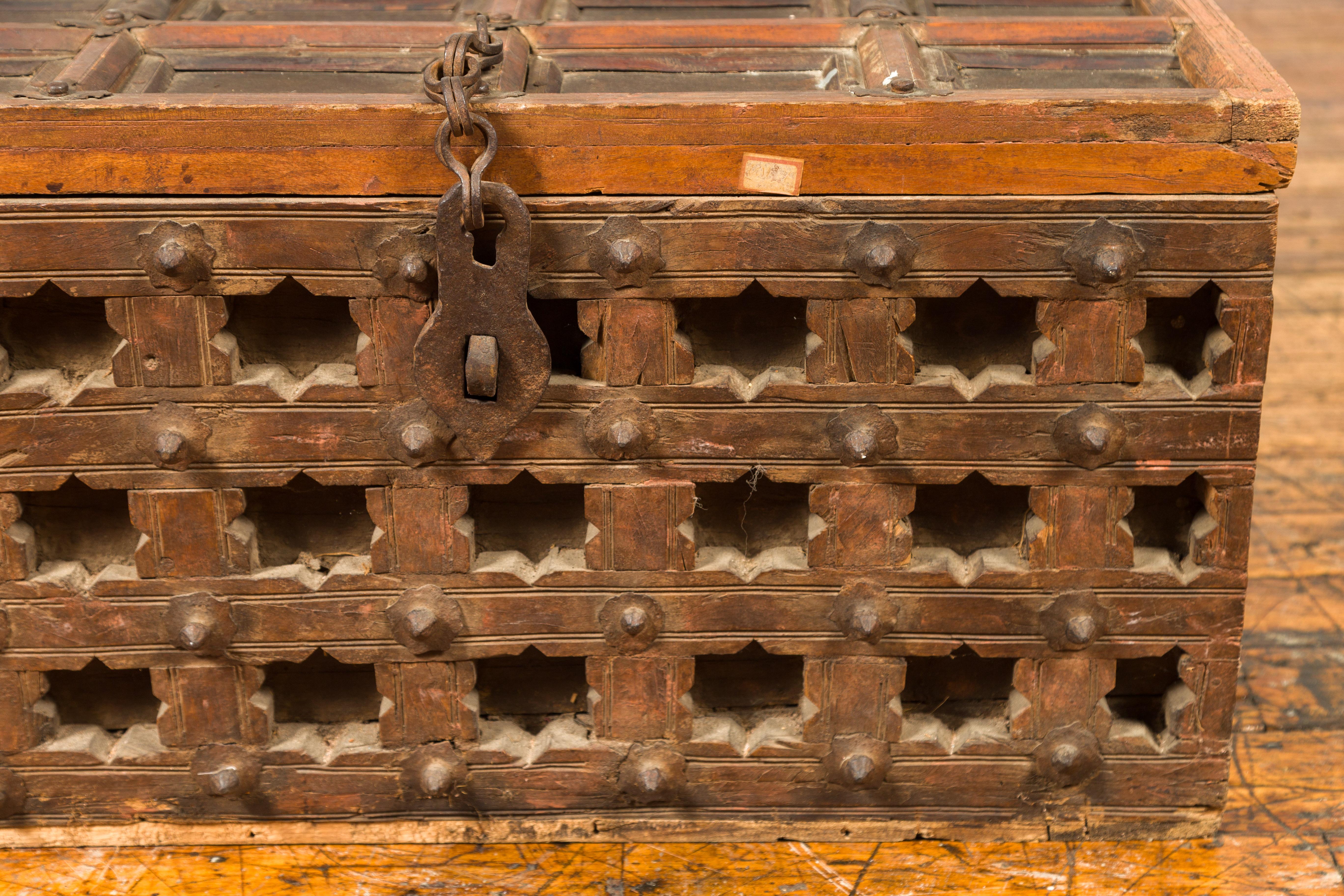 Rustic Antique Indian Treasure Chest with Paneled Top, Pierced Stars and Iron Hardware