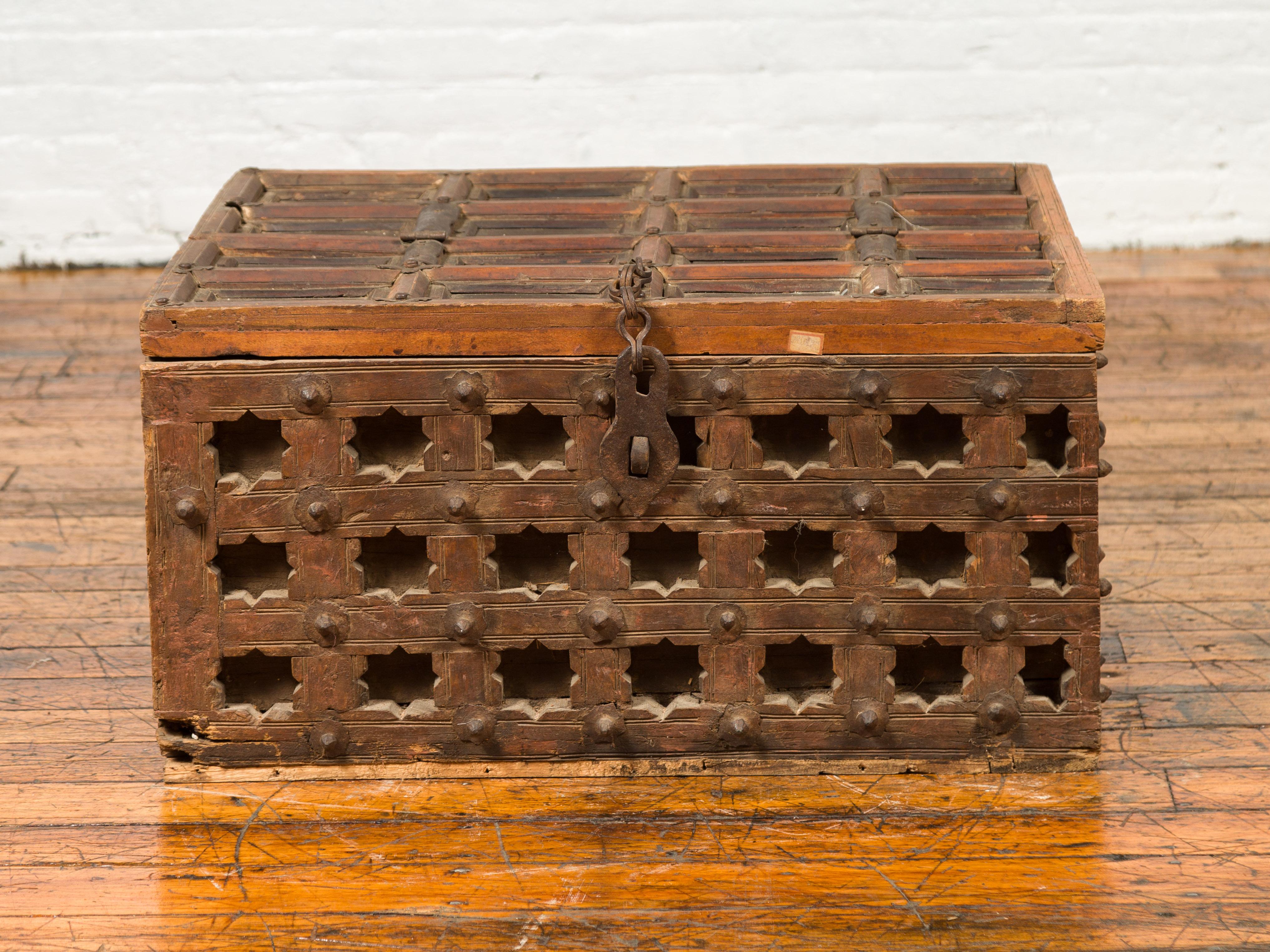 Antique Indian Treasure Chest with Paneled Top, Pierced Stars and Iron Hardware In Fair Condition In Yonkers, NY