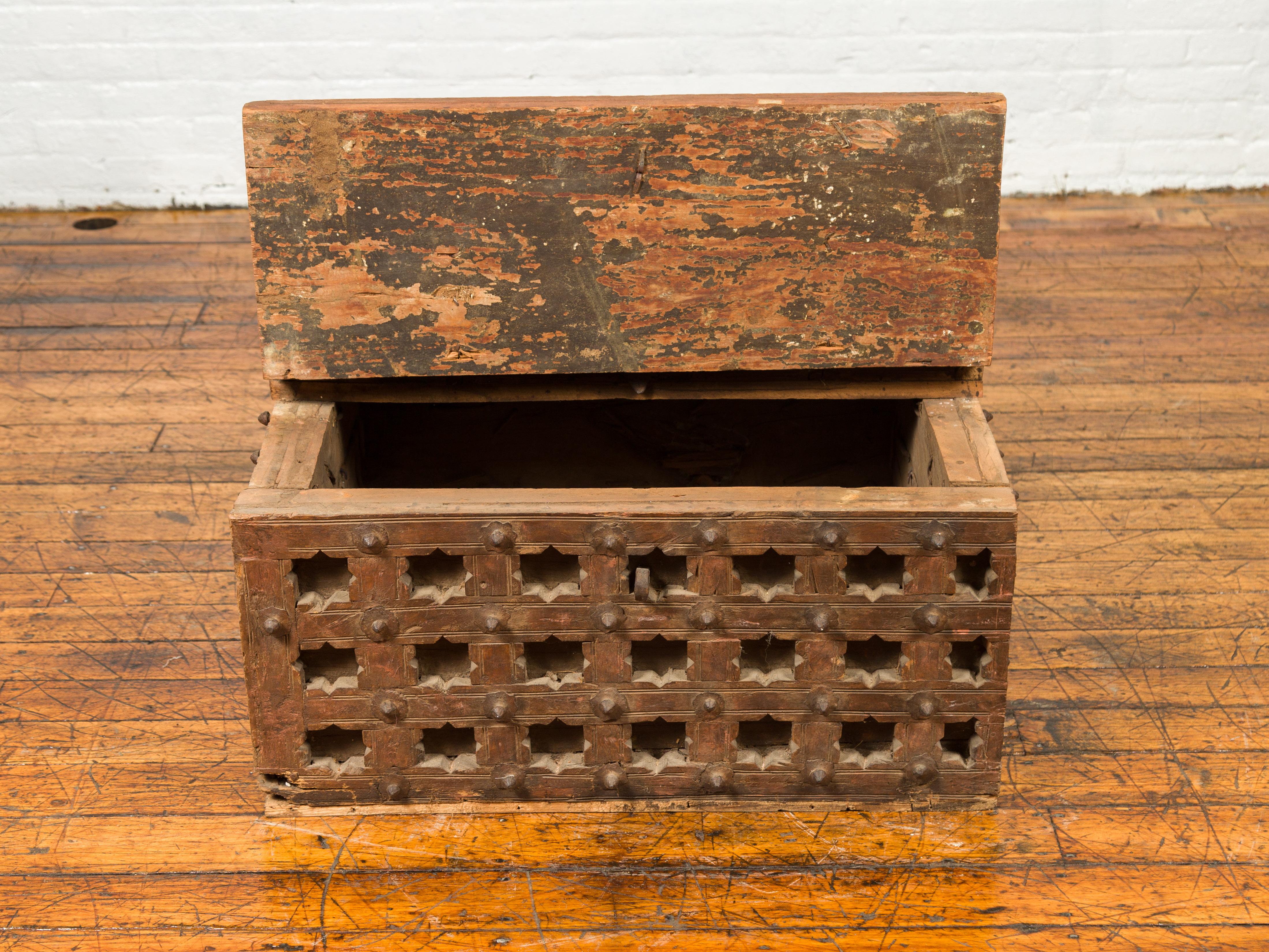 19th Century Antique Indian Treasure Chest with Paneled Top, Pierced Stars and Iron Hardware