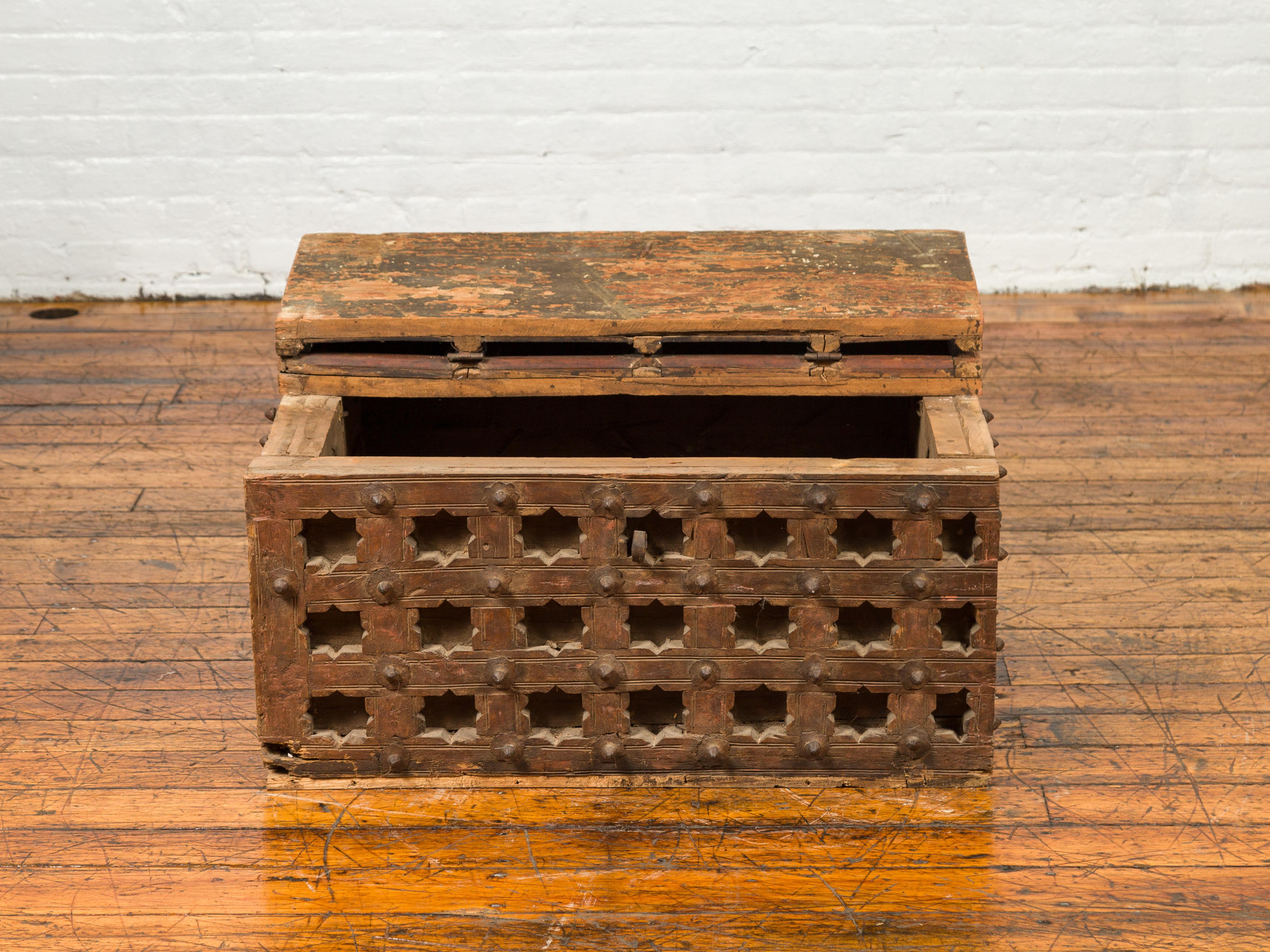 Antique Indian Treasure Chest with Paneled Top, Pierced Stars and Iron Hardware 1
