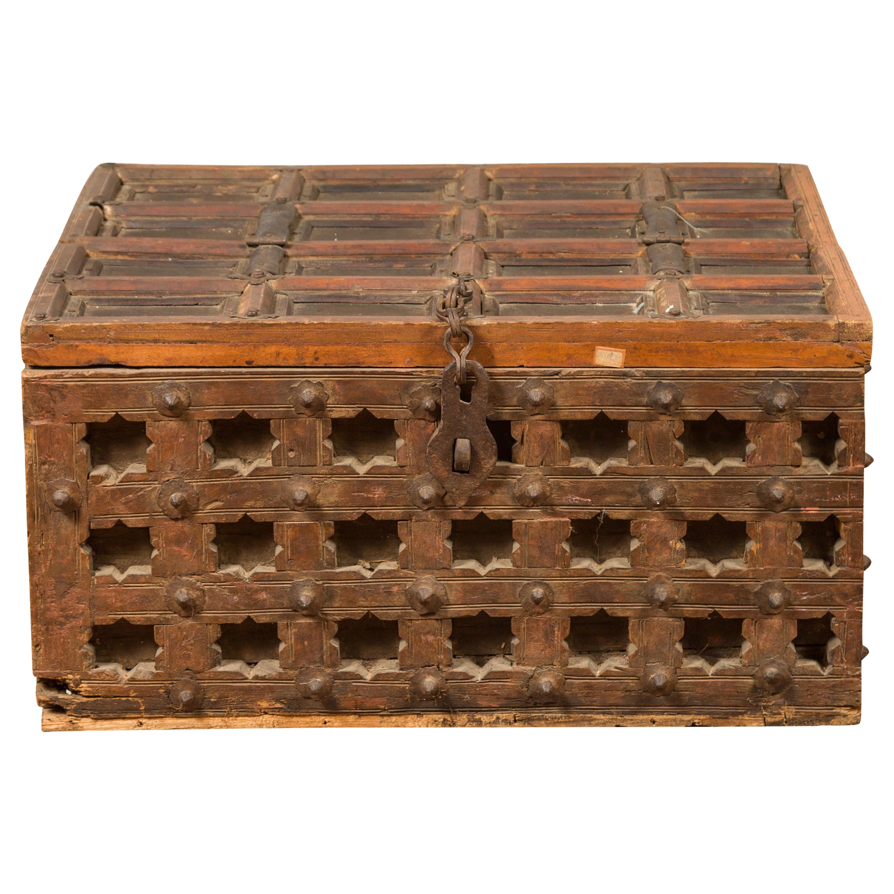 Antique Indian Treasure Chest with Paneled Top, Pierced Stars and Iron Hardware