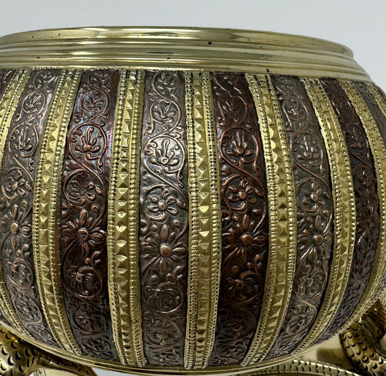 Antique Indian Victorian Brass Copper Jardiniere Centerpiece Cobra Tripod Base  6