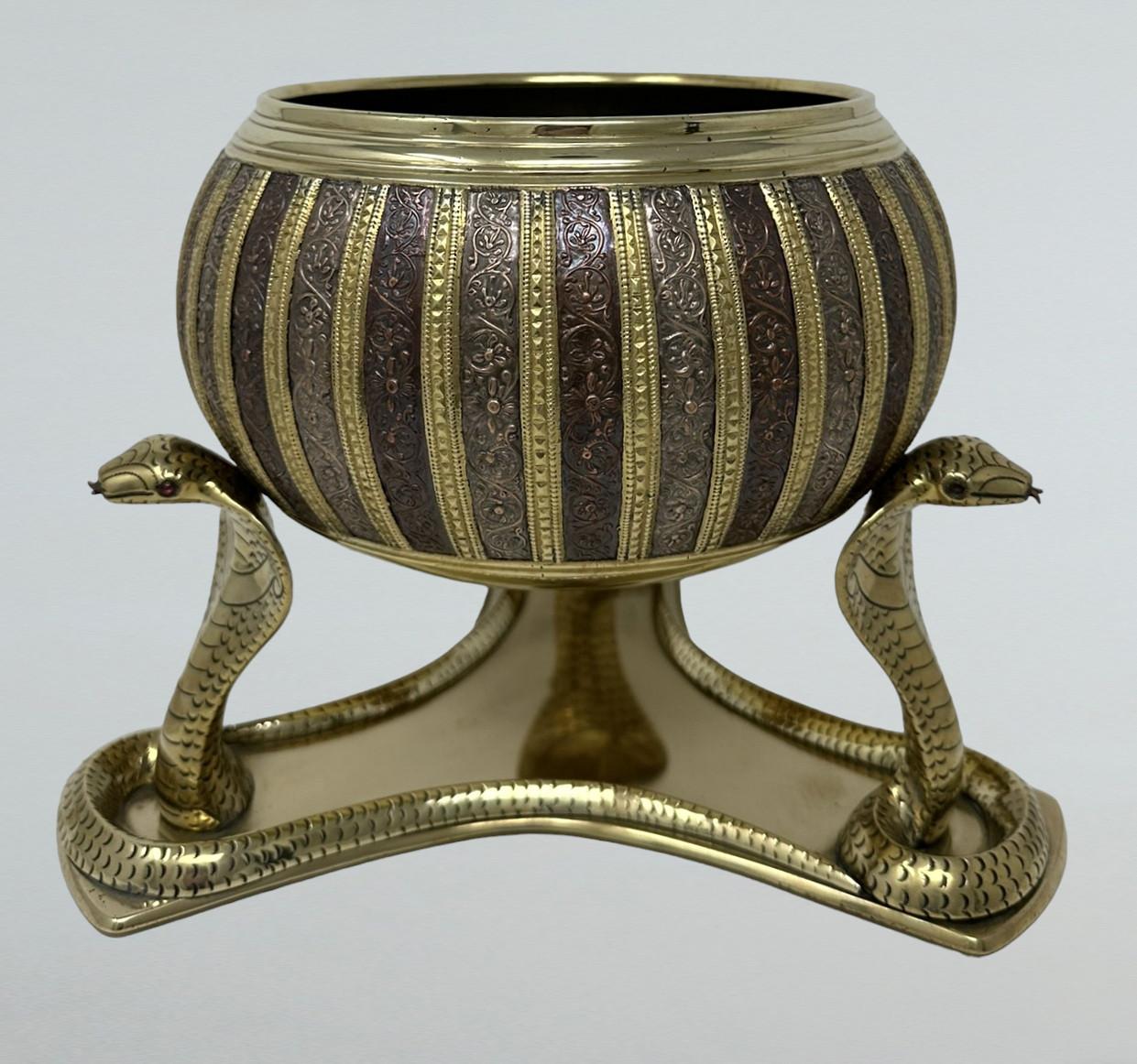 Cast Antique Indian Victorian Brass Copper Jardiniere Centerpiece Cobra Tripod Base