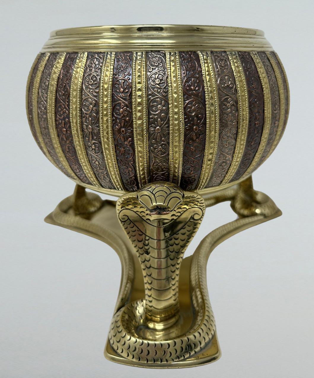 19th Century Antique Indian Victorian Brass Copper Jardiniere Centerpiece Cobra Tripod Base 