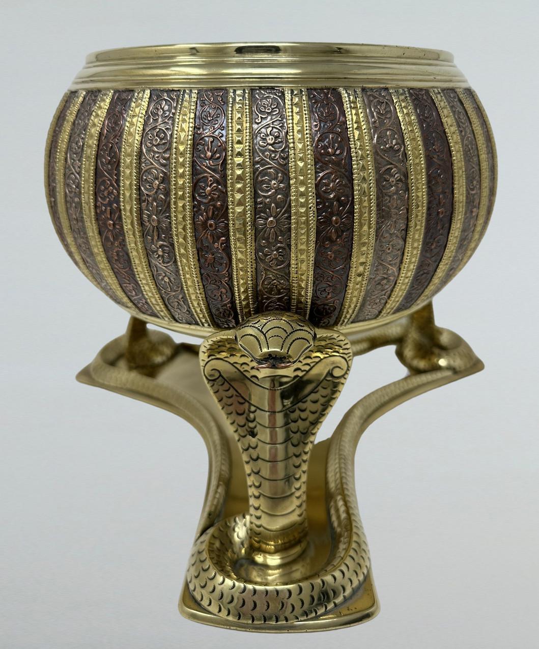 19th Century Antique Indian Victorian Brass Copper Jardiniere Centerpiece Cobra Tripod Base