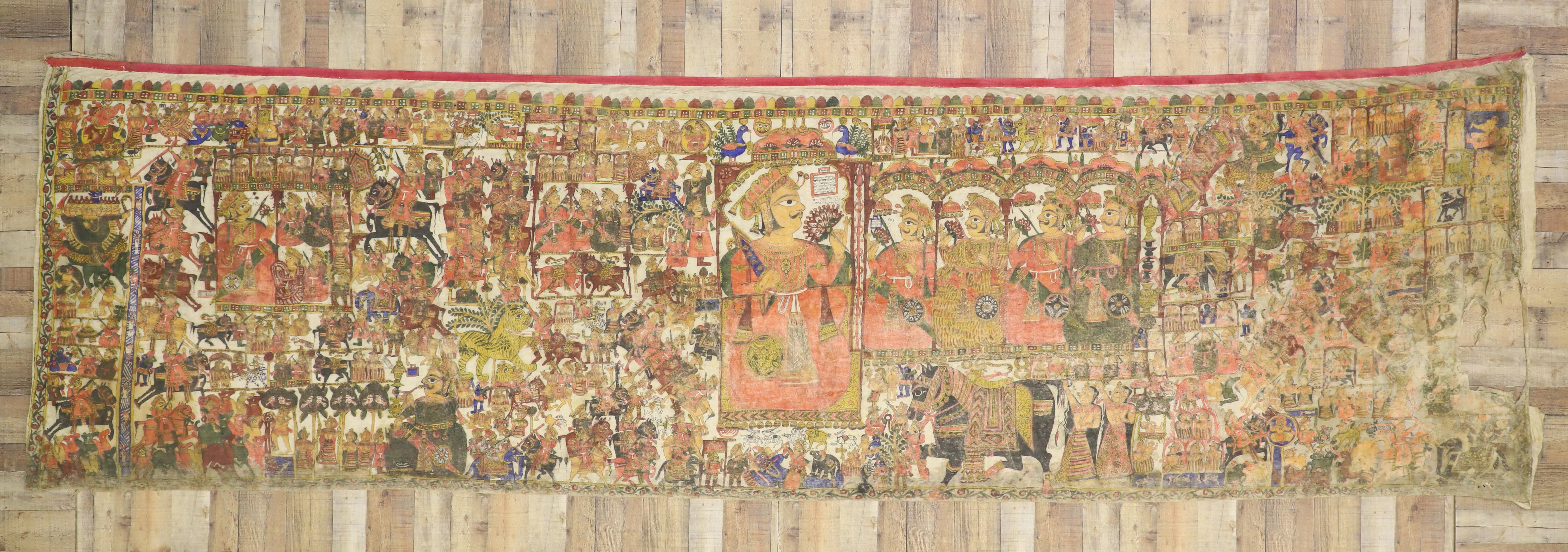 74417 18th Century Antique Indian Medieval Wall Tapestry after the Battle of Karnal in 1739.  This beautiful antique Indian painted tapestry is done on a canvas. It features a hunting battle scene with kings, kingsmen and royalty with multiple types