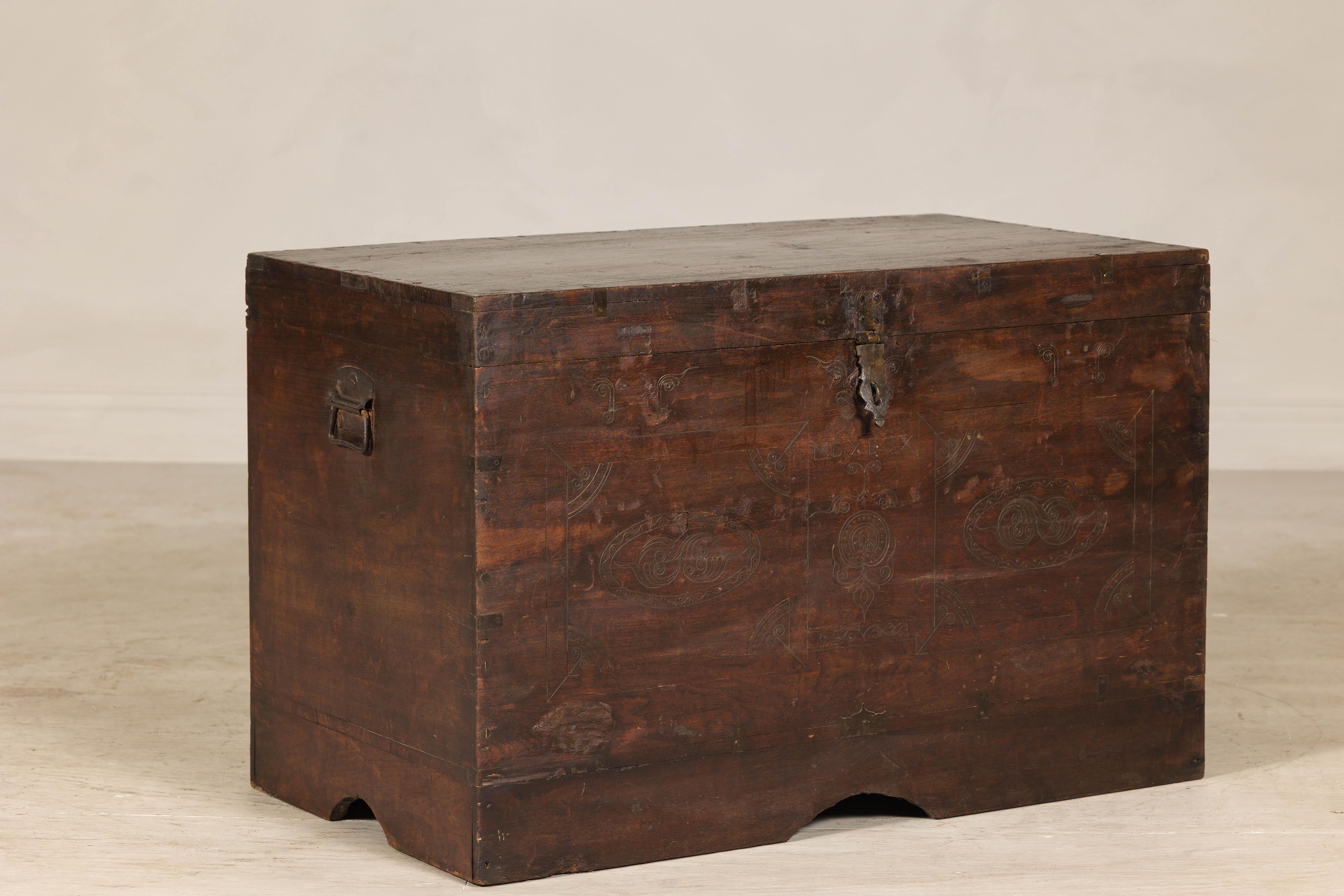 Antique Indian Wedding Trunk with Carved Details, Mirror, and Hidden Storage For Sale 5