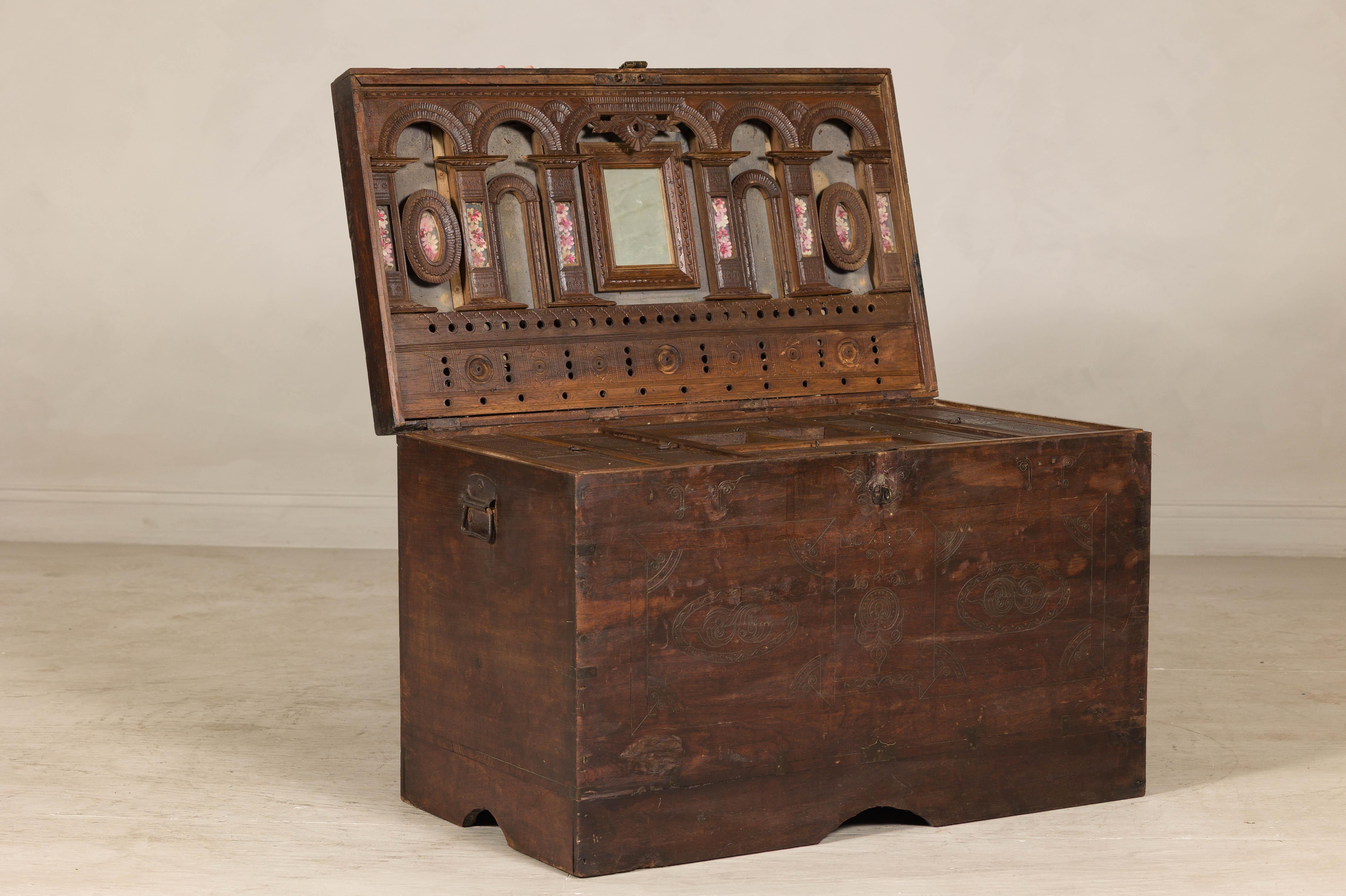 Antique Indian Wedding Trunk with Carved Details, Mirror, and Hidden Storage For Sale 6