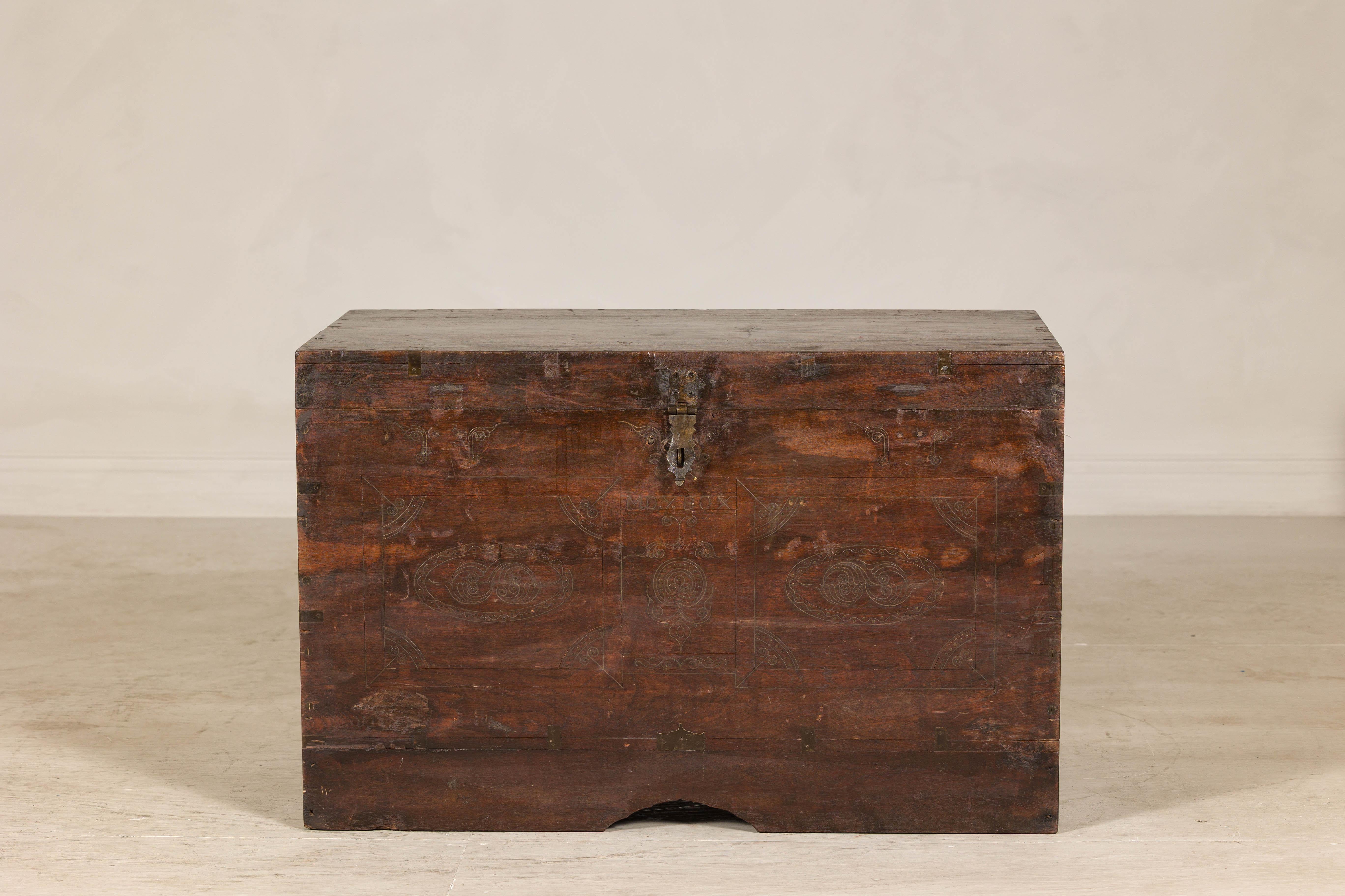 Antique Indian Wedding Trunk with Carved Details, Mirror, and Hidden Storage For Sale 12