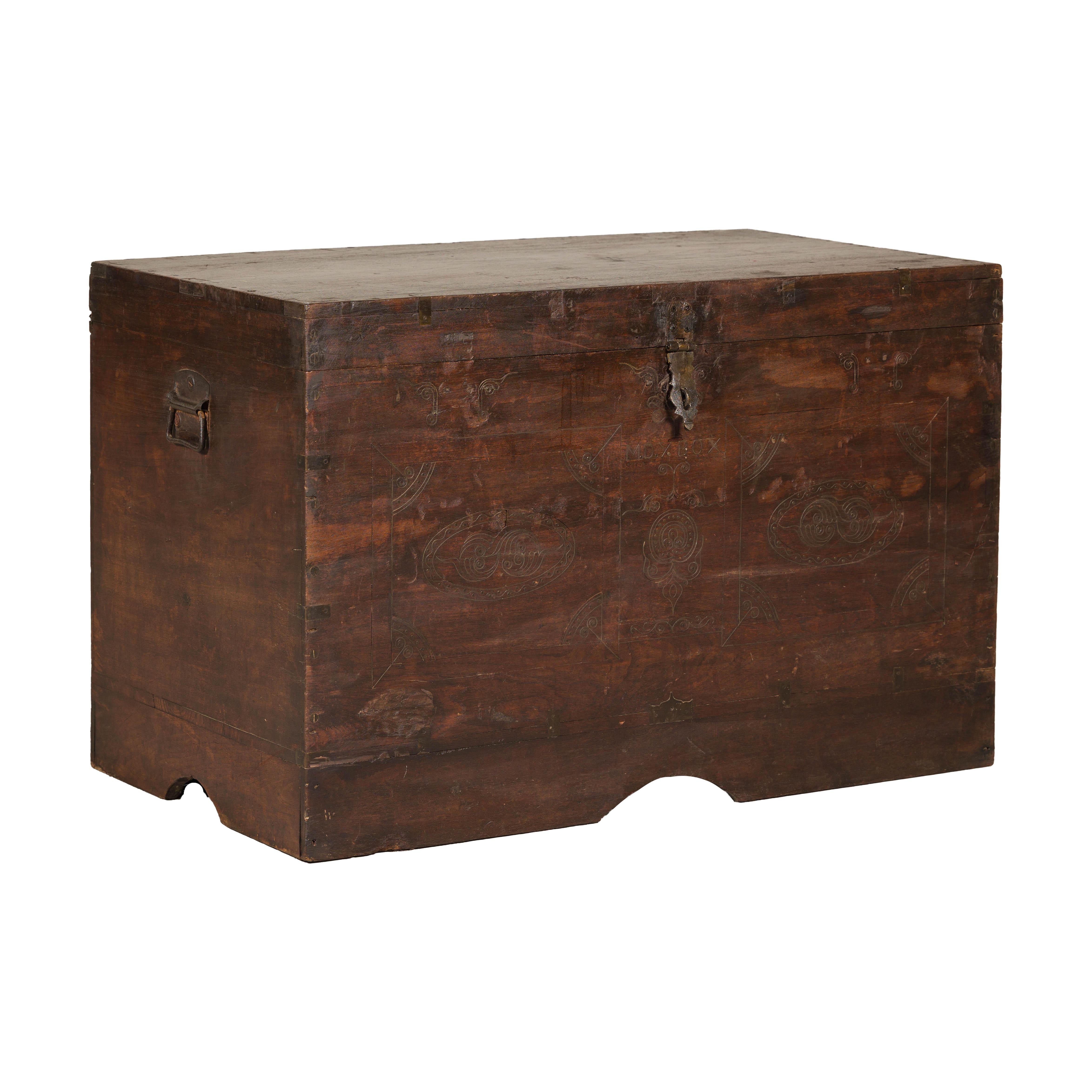 Antique Indian Wedding Trunk with Carved Details, Mirror, and Hidden Storage For Sale 13