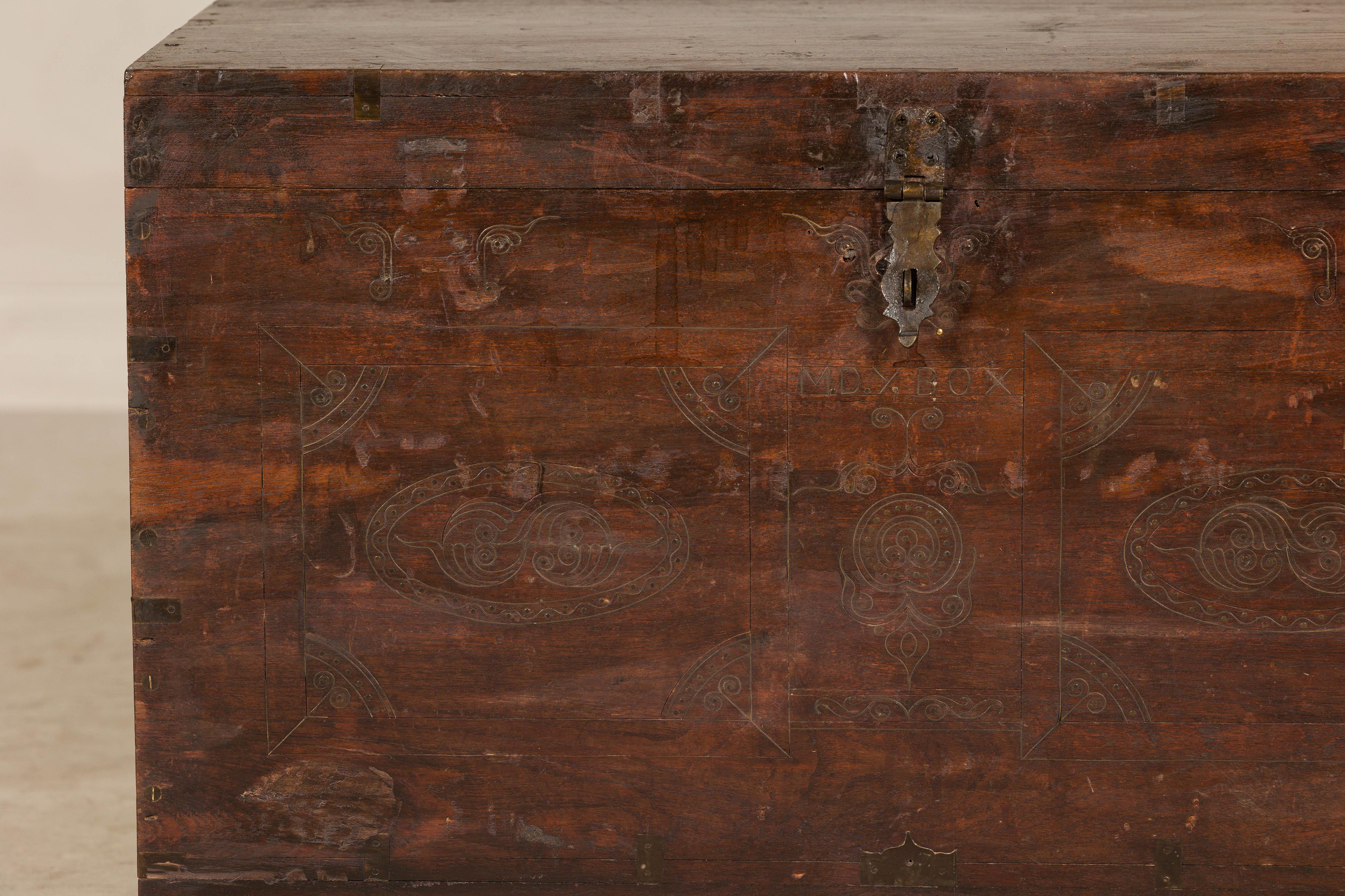20th Century Antique Indian Wedding Trunk with Carved Details, Mirror, and Hidden Storage For Sale
