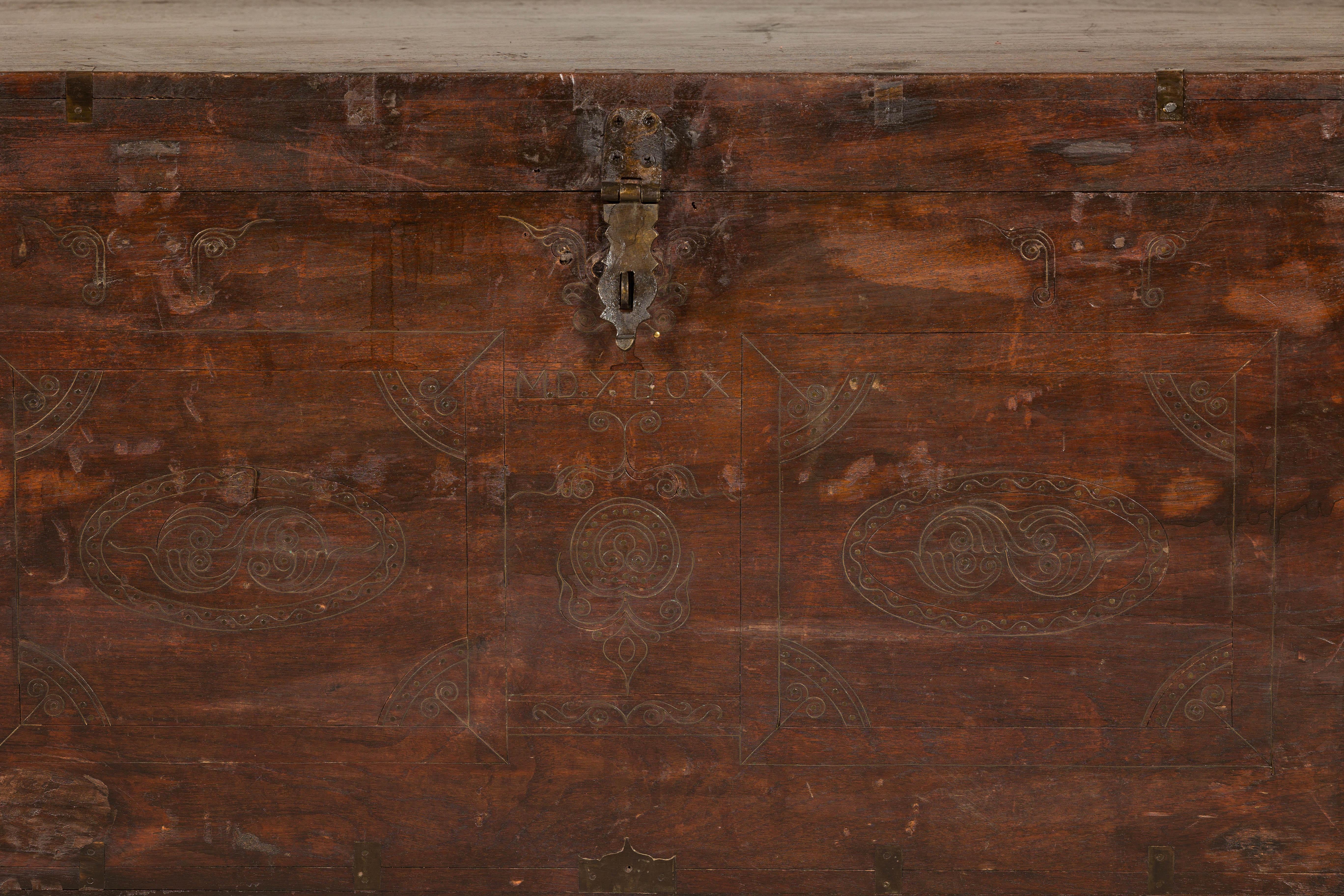 Metal Antique Indian Wedding Trunk with Carved Details, Mirror, and Hidden Storage For Sale