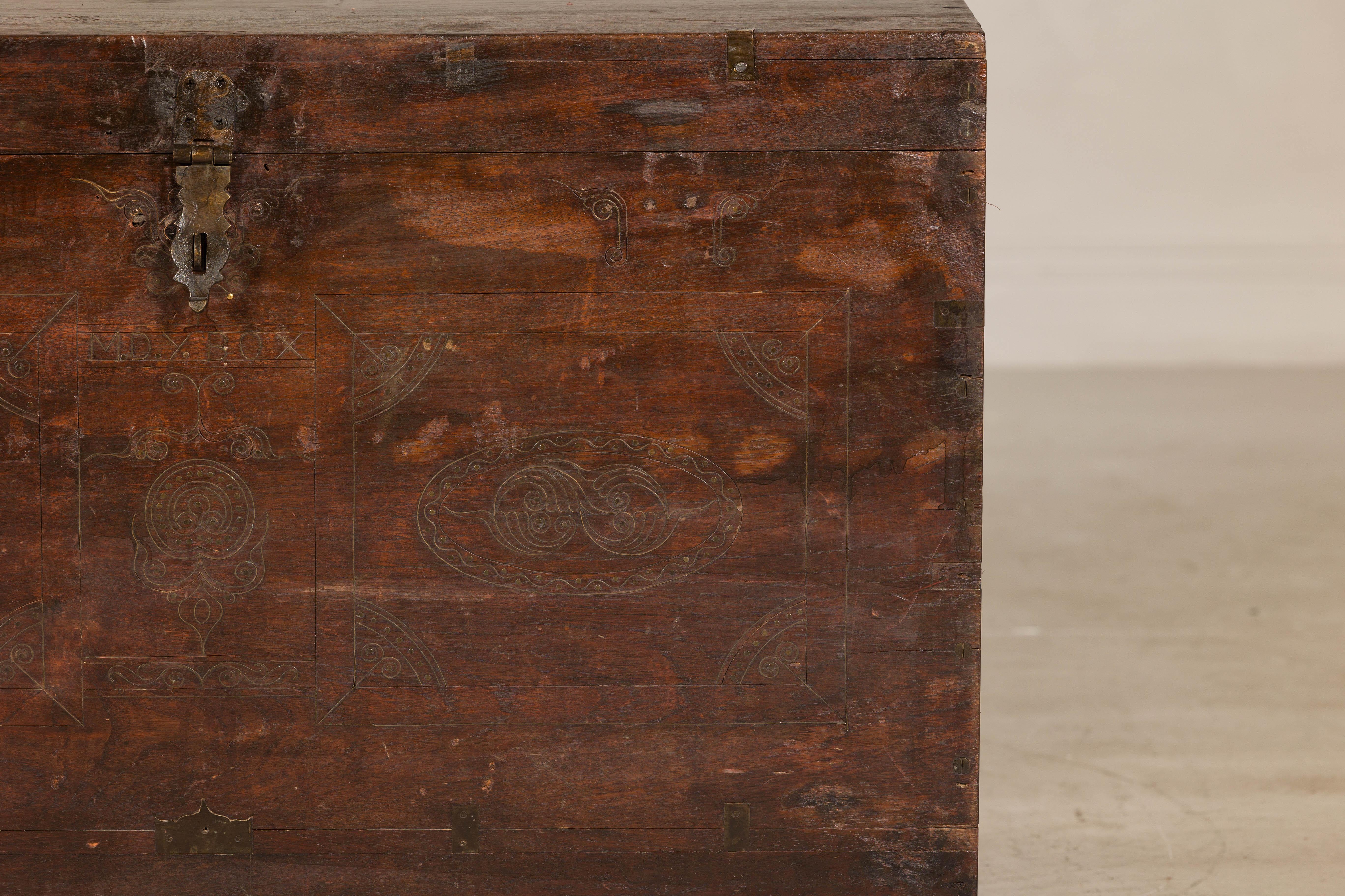 Antique Indian Wedding Trunk with Carved Details, Mirror, and Hidden Storage For Sale 1