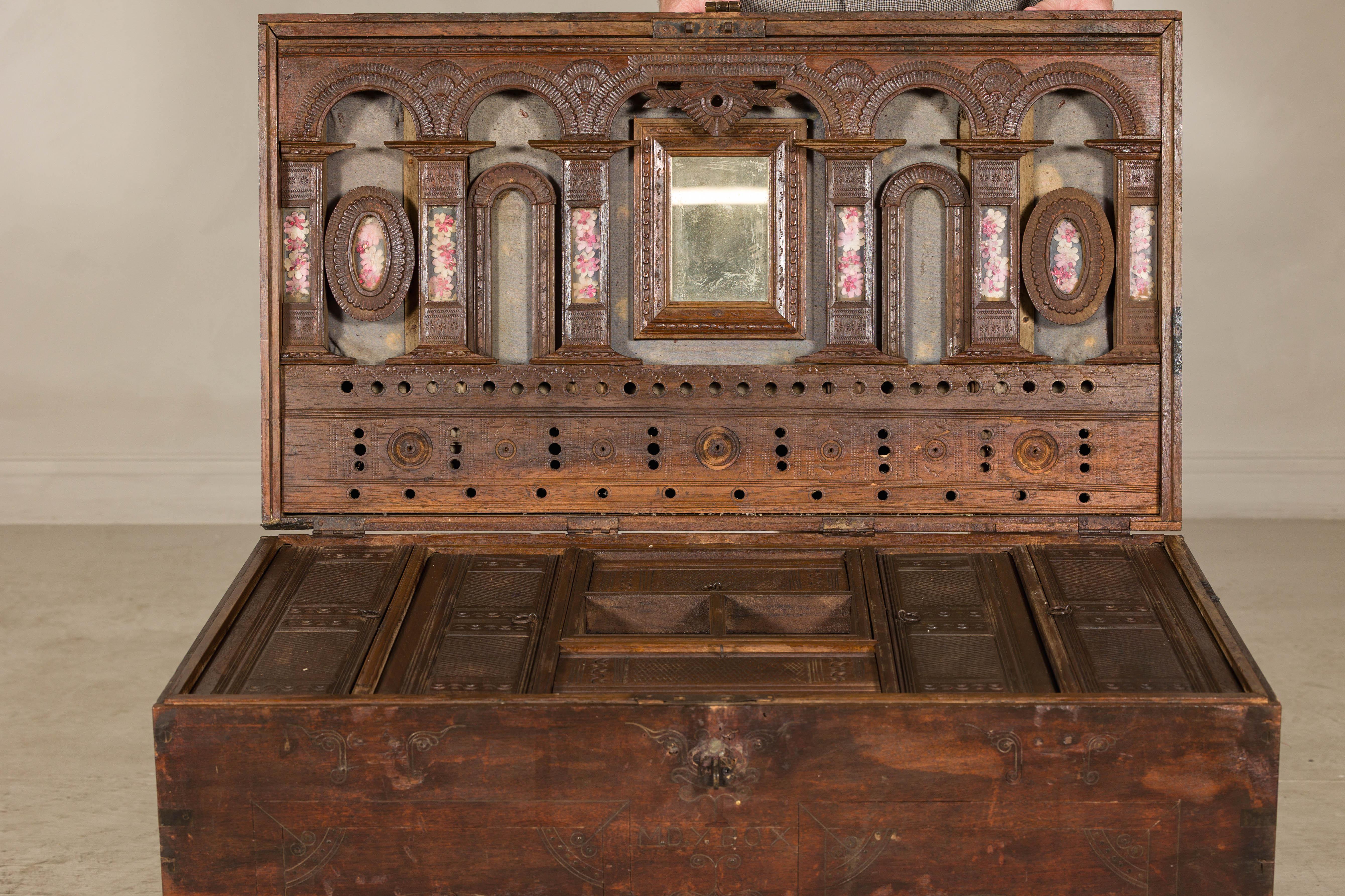 Antique Indian Wedding Trunk with Carved Details, Mirror, and Hidden Storage For Sale 4