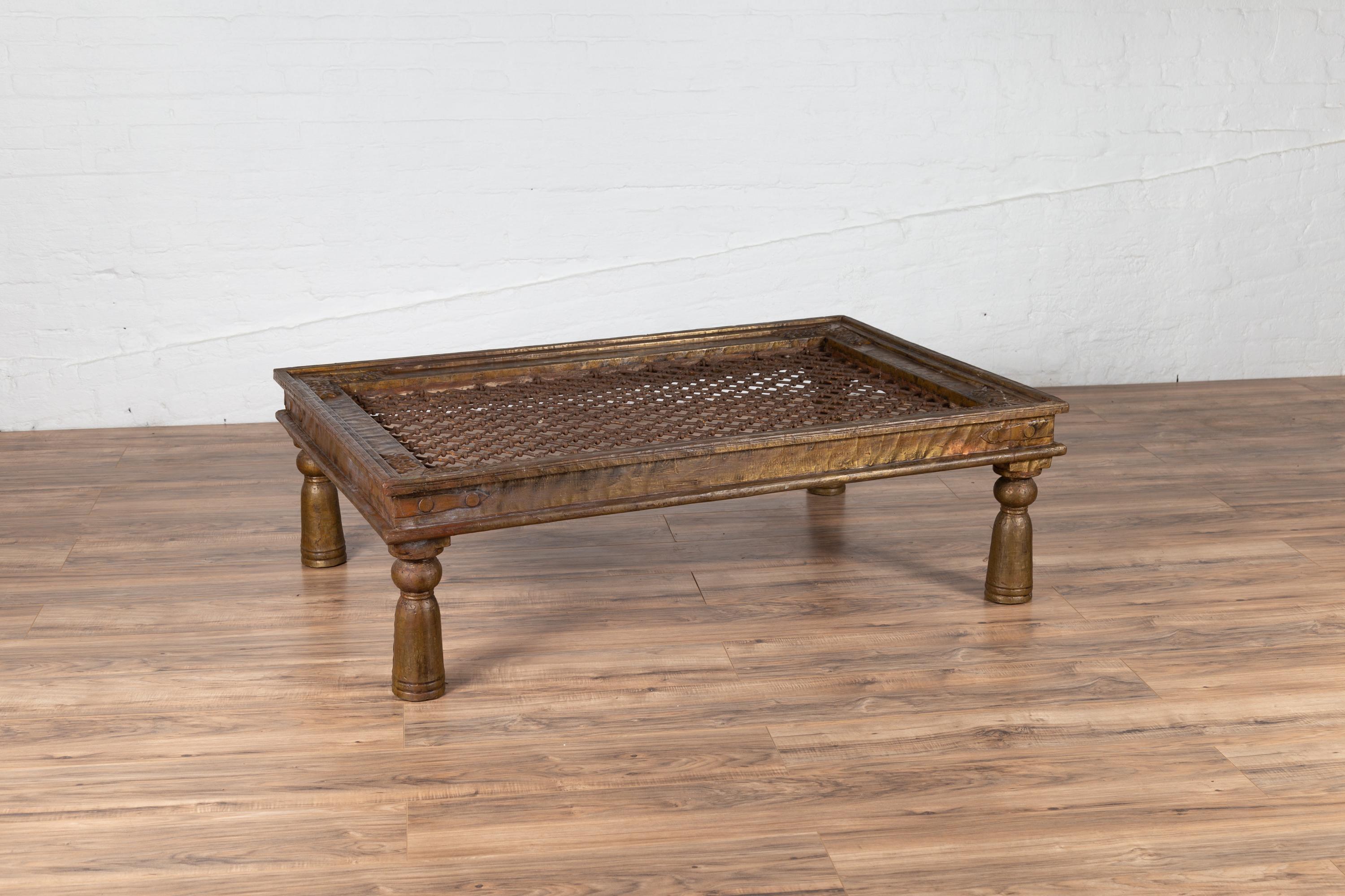 Antique Indian Window Grate Made into a Coffee Table with Copper Sheathing 3