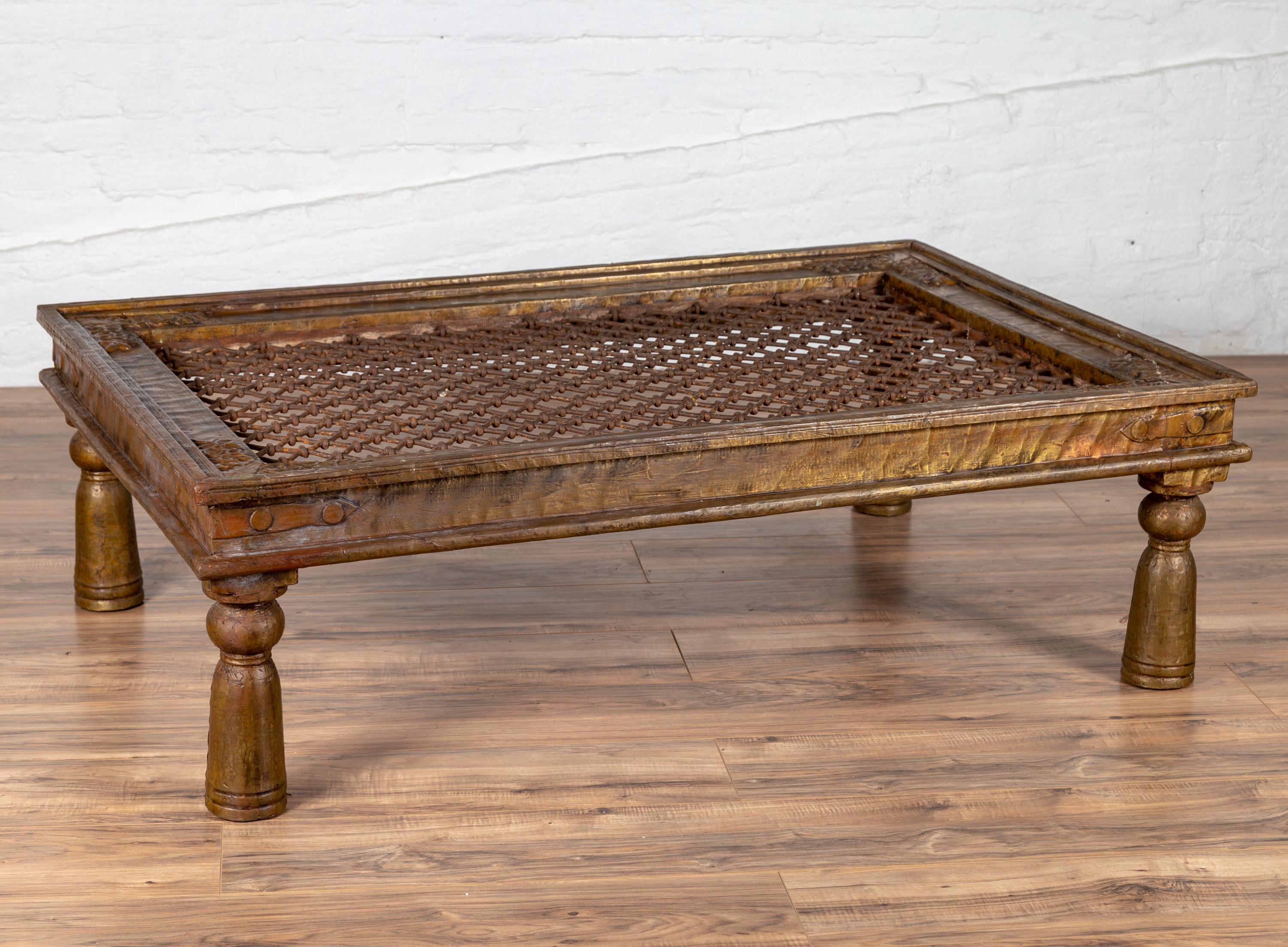 Antique Indian Window Grate Made into a Coffee Table with Copper Sheathing 4