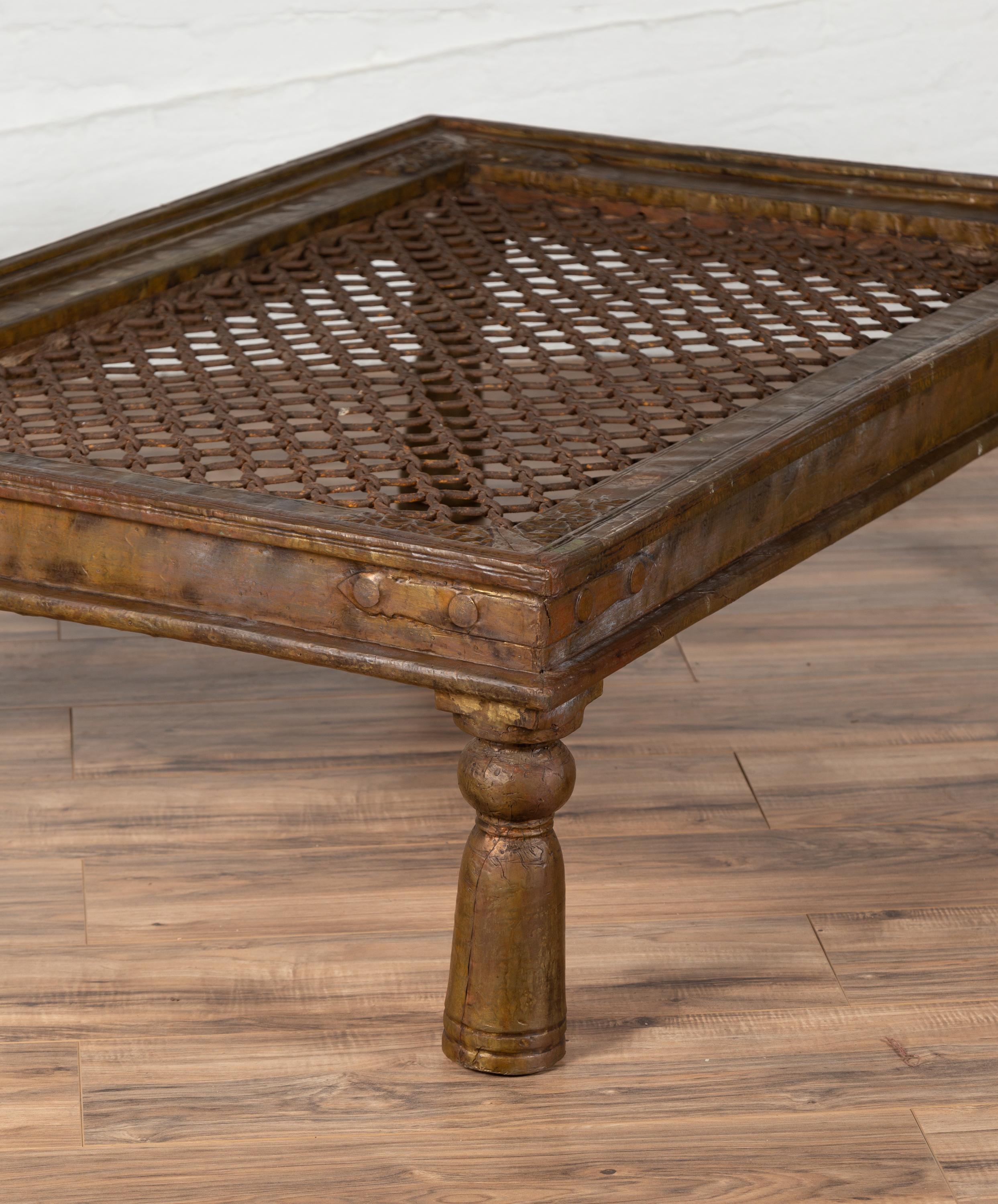 Antique Indian Window Grate Made into a Coffee Table with Copper Sheathing 5
