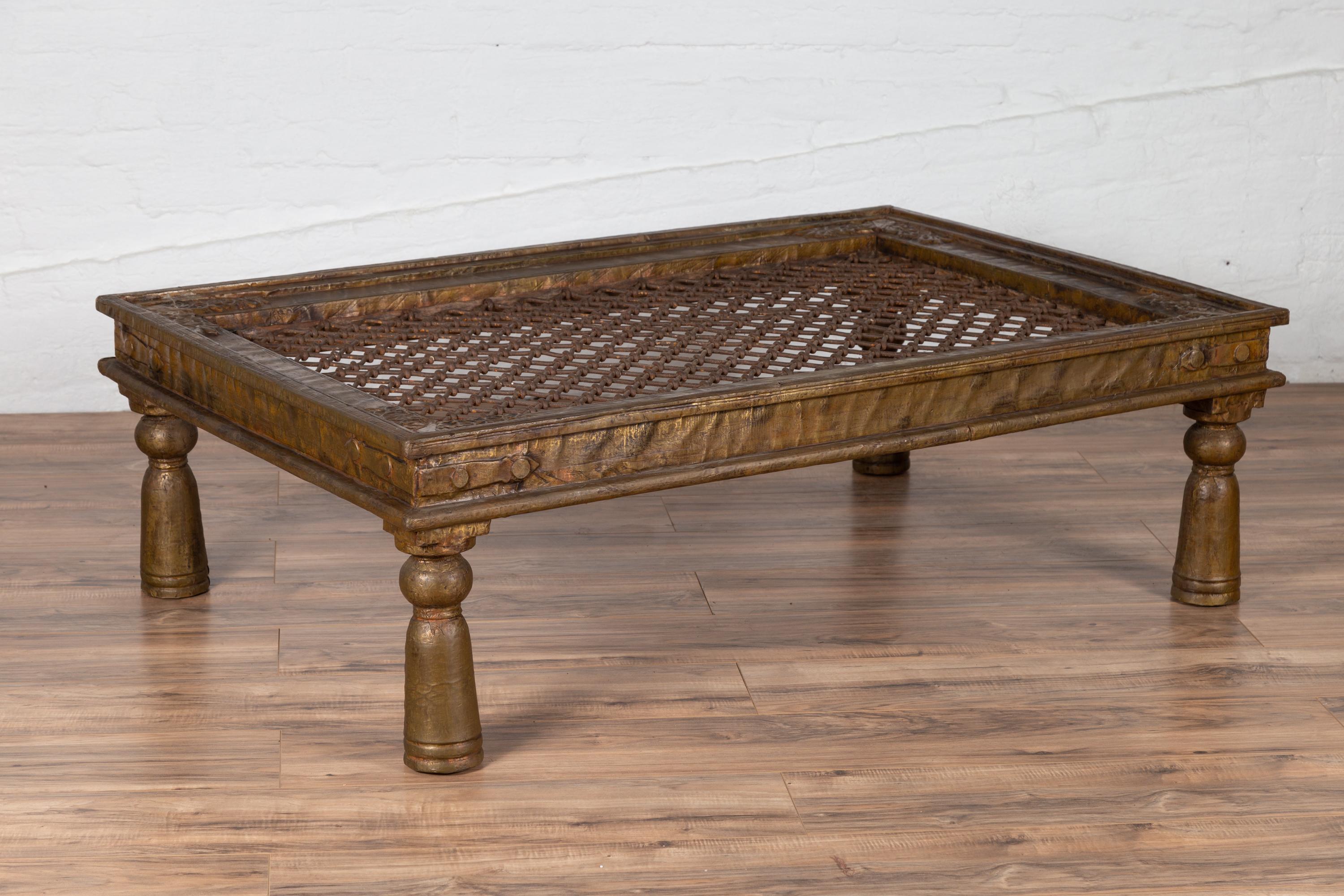 Antique Indian Window Grate Made into a Coffee Table with Copper Sheathing 6