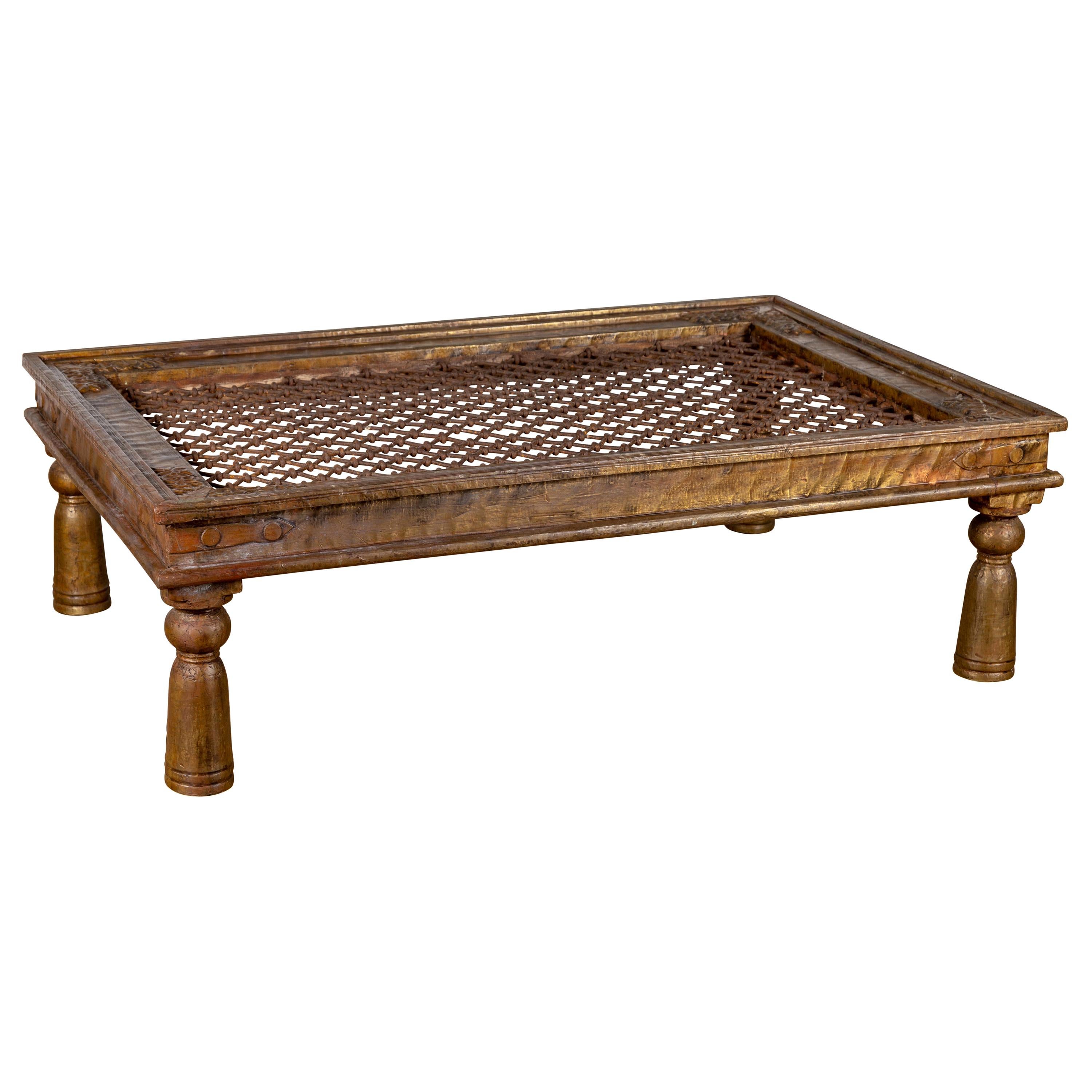 Antique Indian Window Grate Made into a Coffee Table with Copper Sheathing