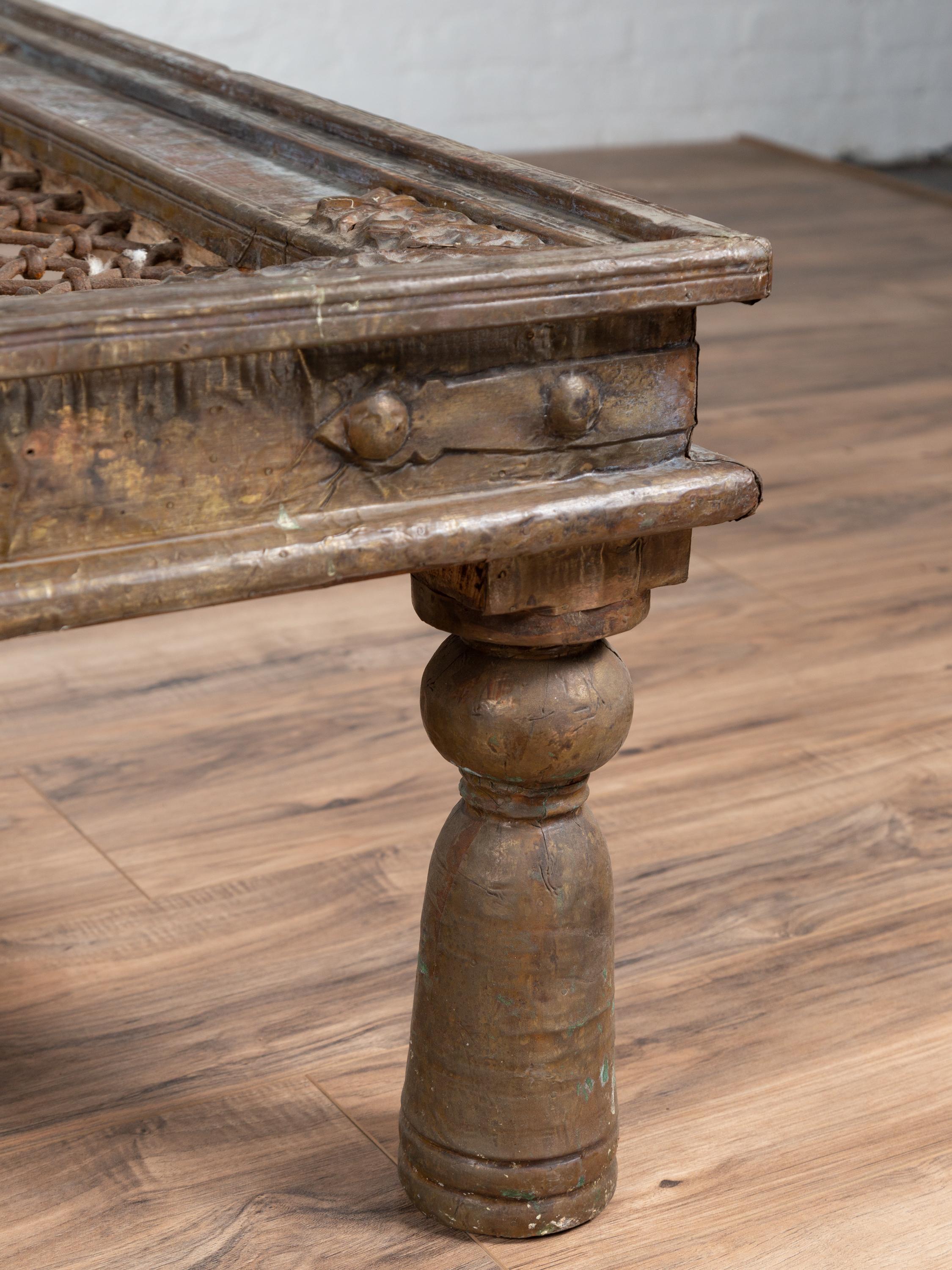 Antique Indian Window Grate Made into a Coffee Table with Metal Sheathing 4