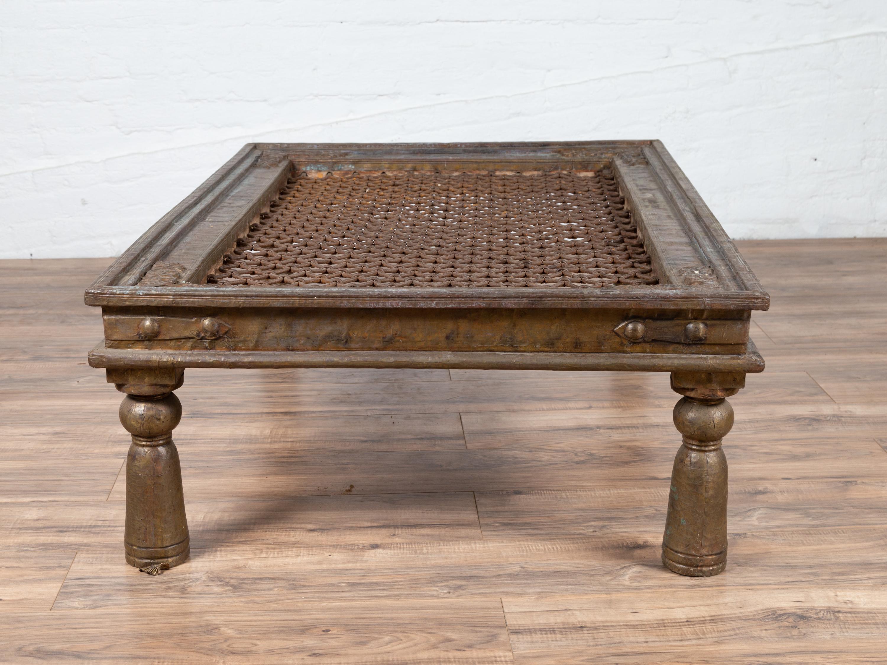 Antique Indian Window Grate Made into a Coffee Table with Metal Sheathing 5