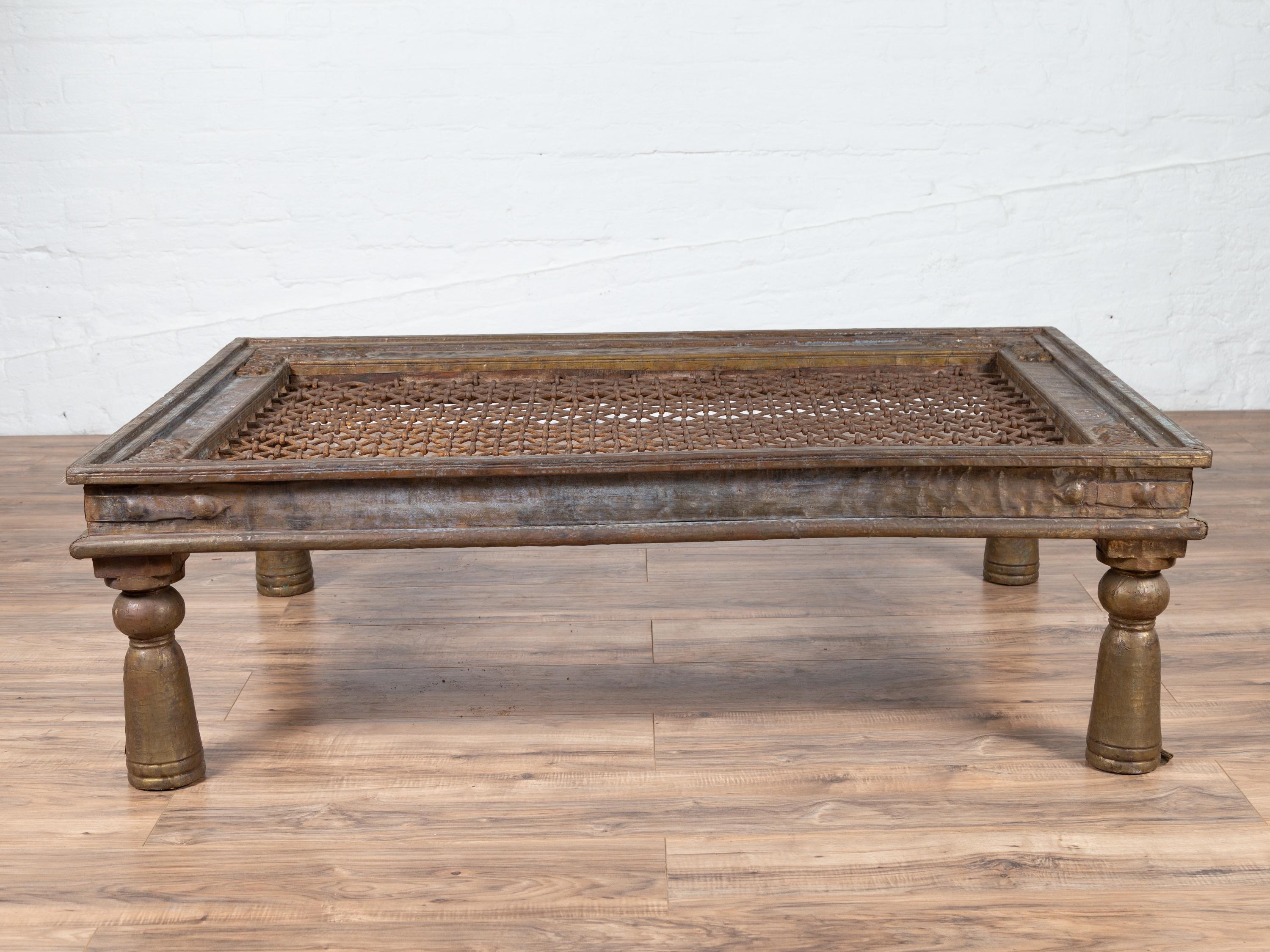 Antique Indian Window Grate Made into a Coffee Table with Metal Sheathing 6