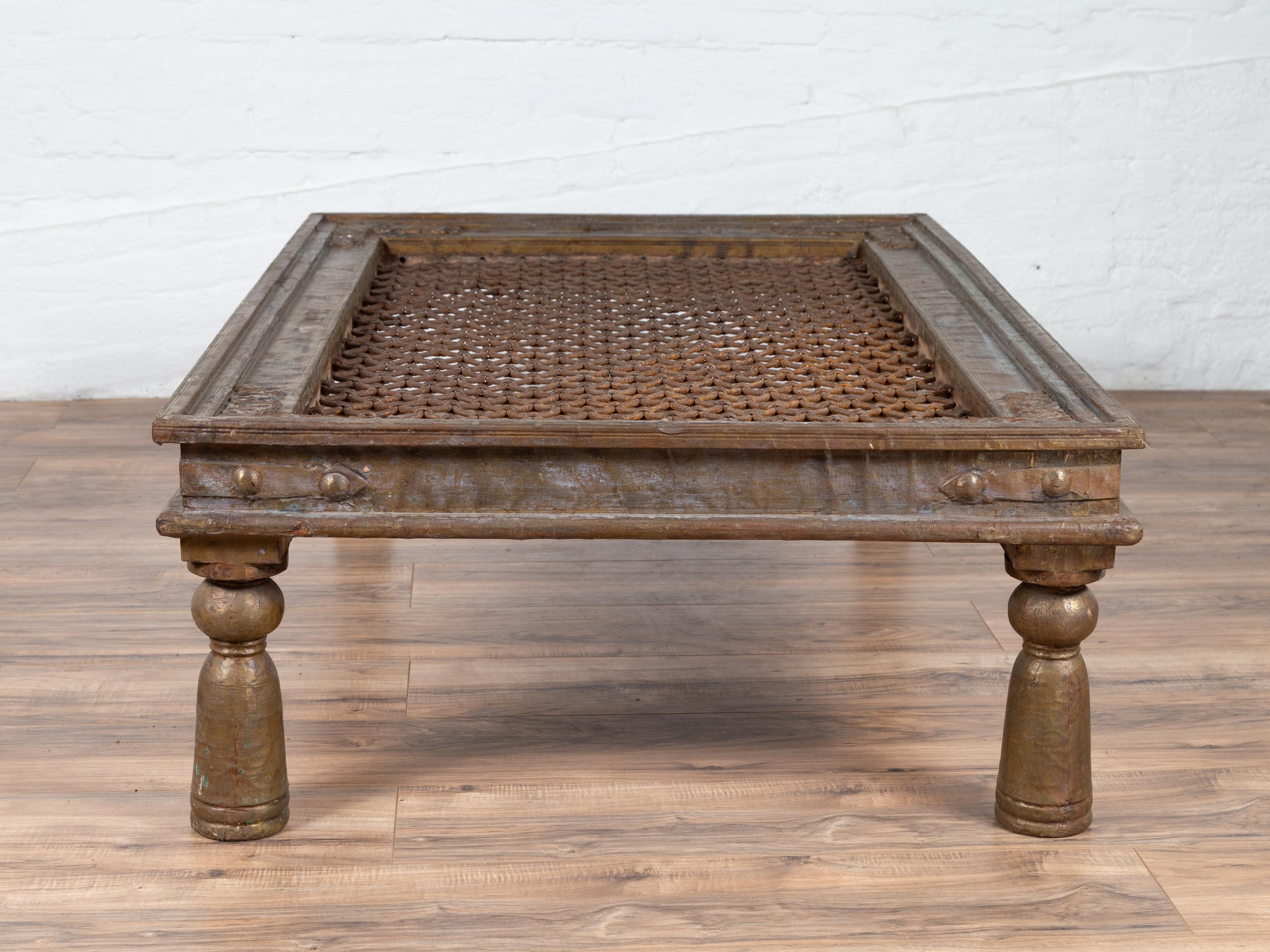 Antique Indian Window Grate Made into a Coffee Table with Metal Sheathing 7