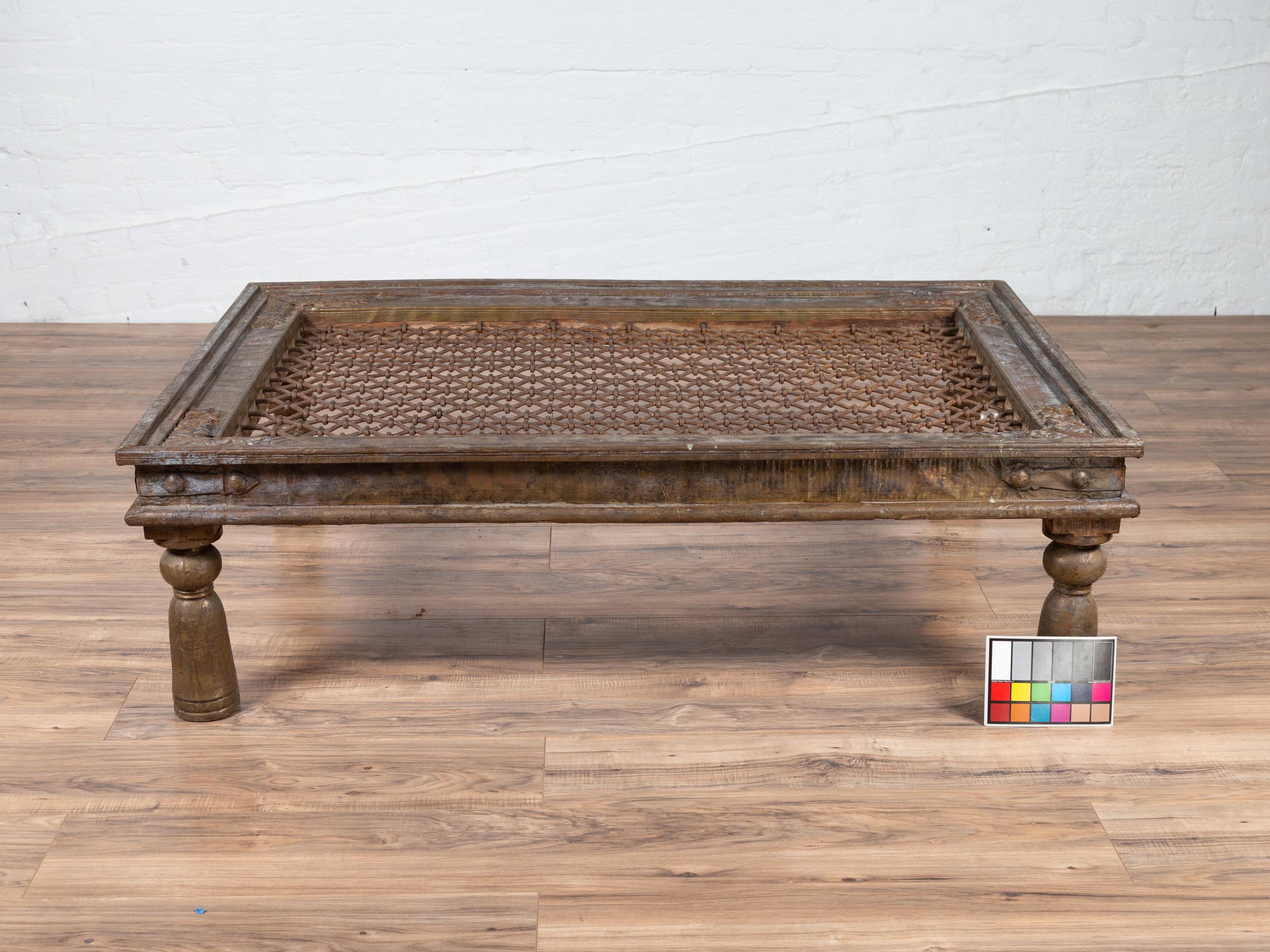 Antique Indian Window Grate Made into a Coffee Table with Metal Sheathing 8