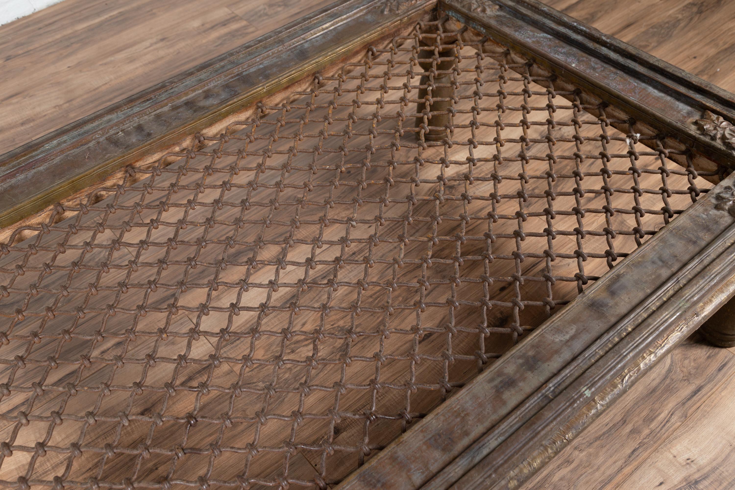 Antique Indian Window Grate Made into a Coffee Table with Metal Sheathing In Good Condition In Yonkers, NY