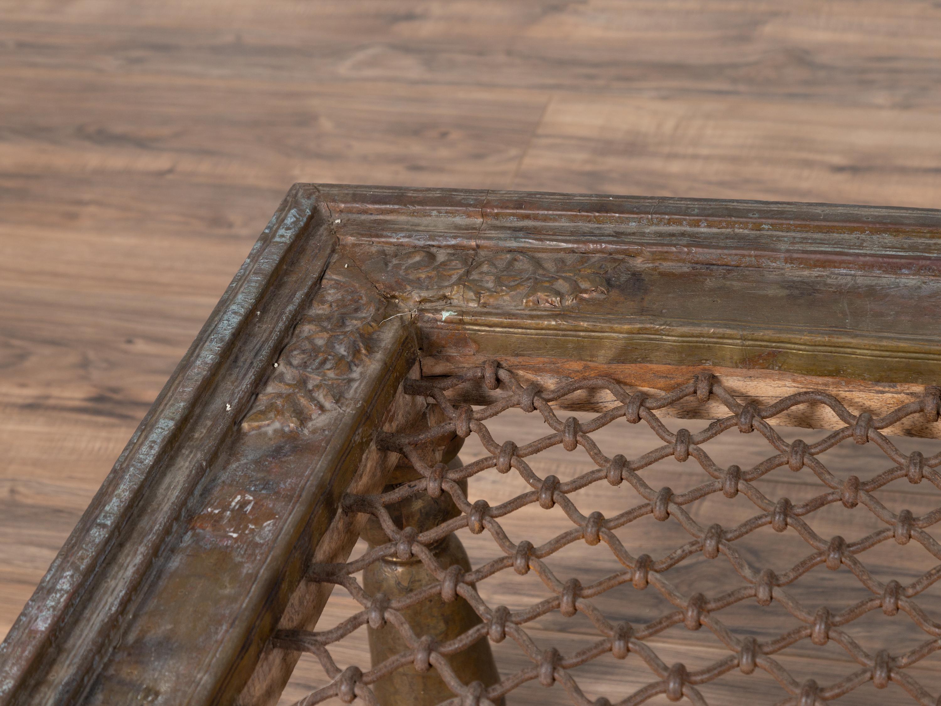 20th Century Antique Indian Window Grate Made into a Coffee Table with Metal Sheathing